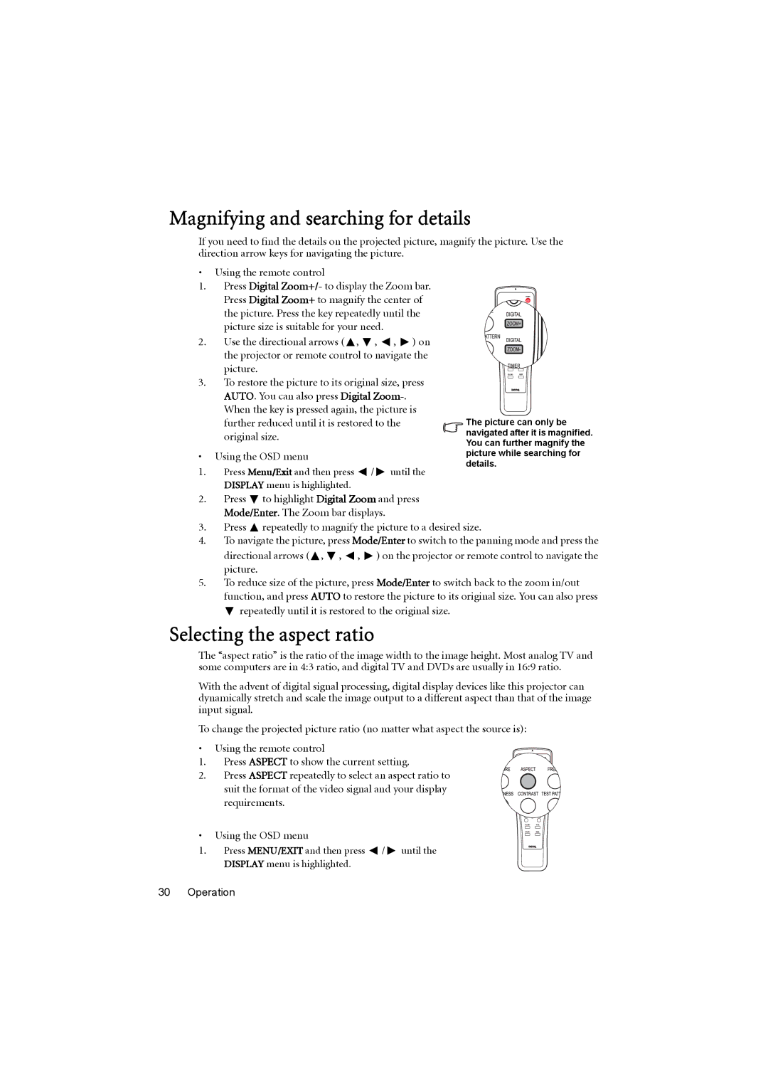 BenQ MP776 ST user manual Magnifying and searching for details, Selecting the aspect ratio 