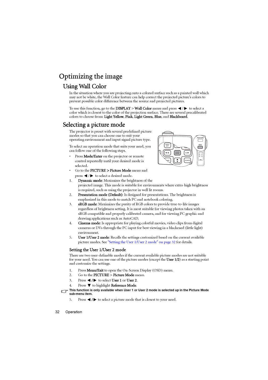 BenQ MP776 ST user manual Optimizing the image, Using Wall Color, Selecting a picture mode, Setting the User 1/User 2 mode 