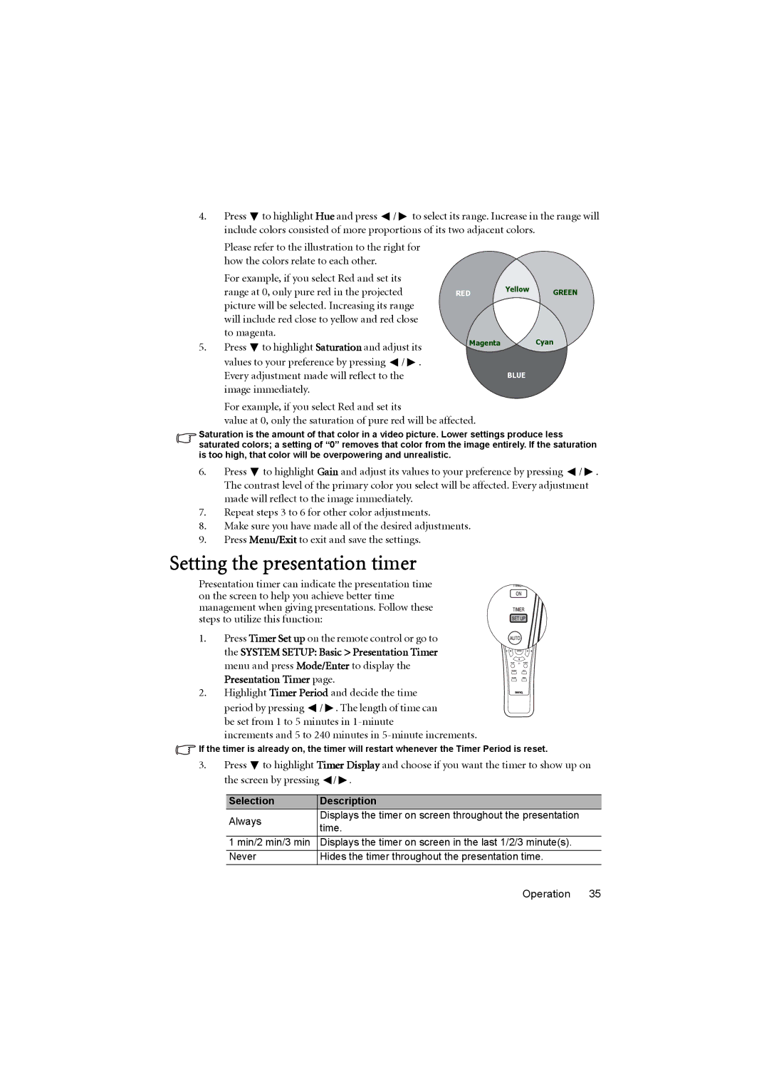 BenQ MP776 ST user manual Setting the presentation timer, Selection Description 