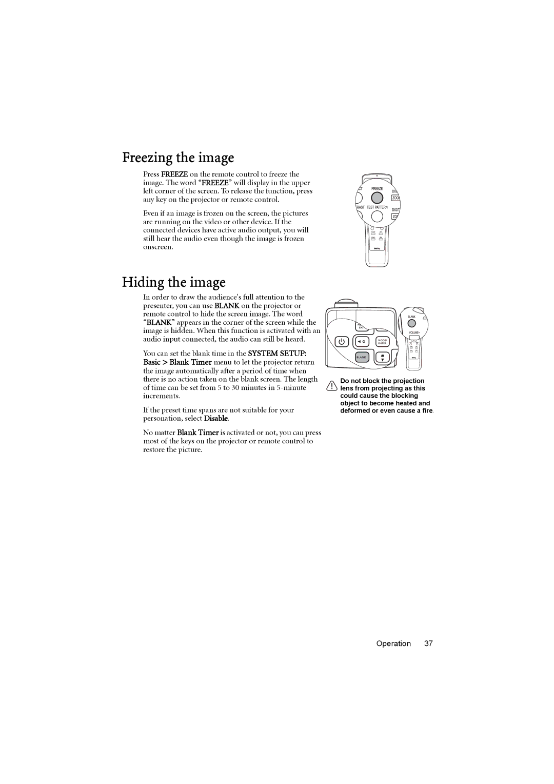 BenQ MP776 ST user manual Freezing the image, Hiding the image 