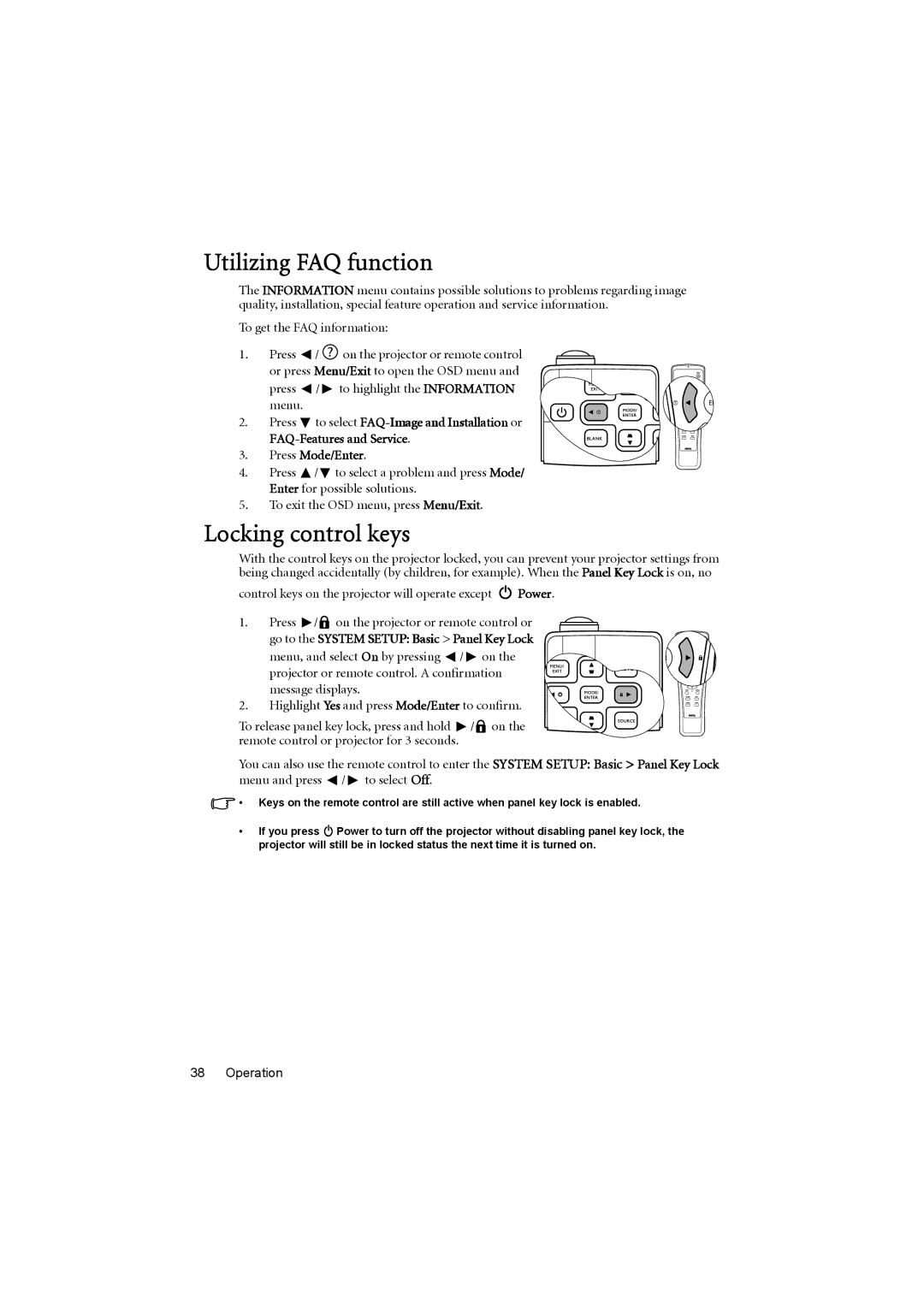 BenQ MP776 ST user manual Utilizing FAQ function, Locking control keys, Go to the System Setup Basic Panel Key Lock 