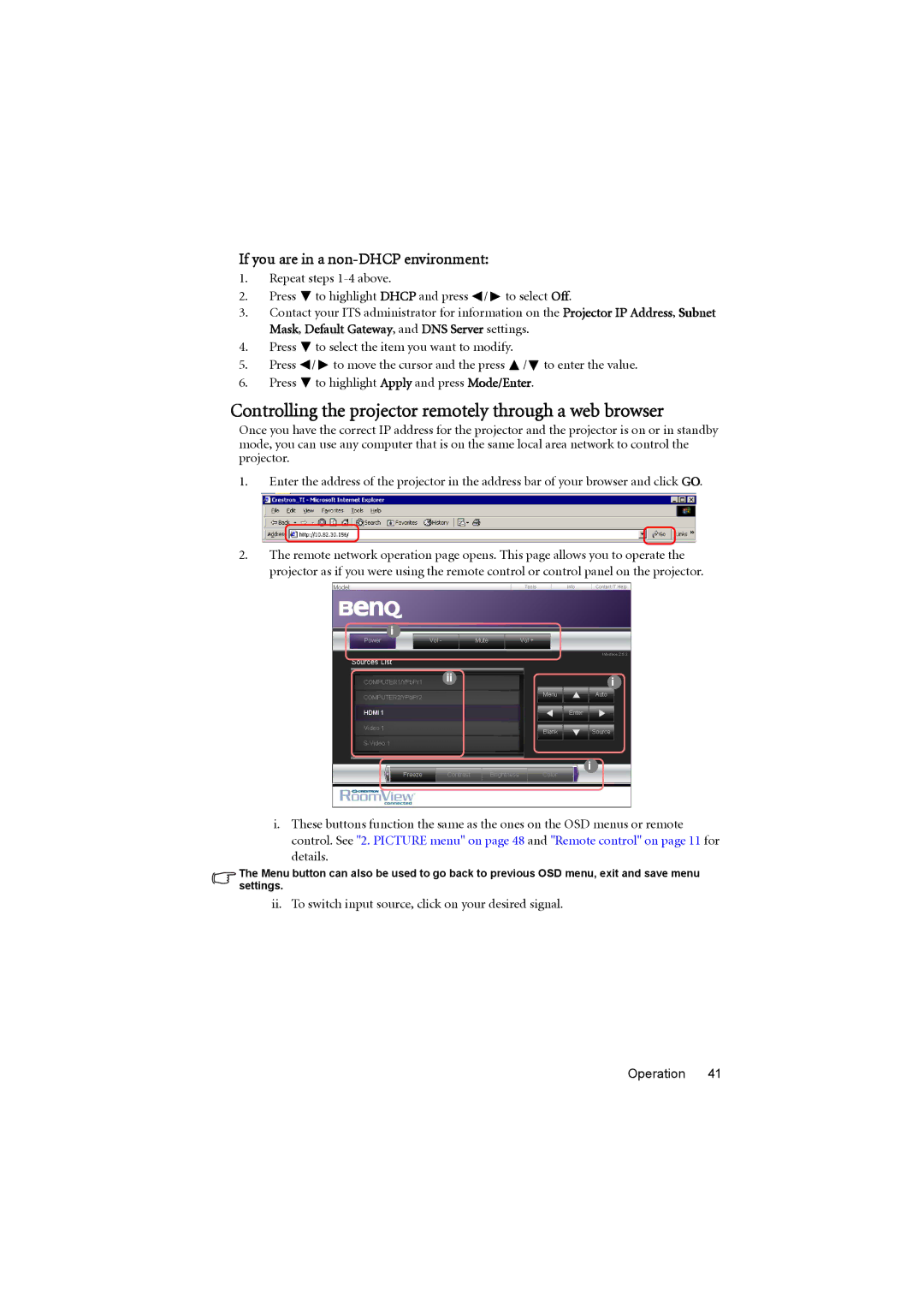 BenQ MP776 ST user manual Controlling the projector remotely through a web browser, If you are in a non-DHCP environment 