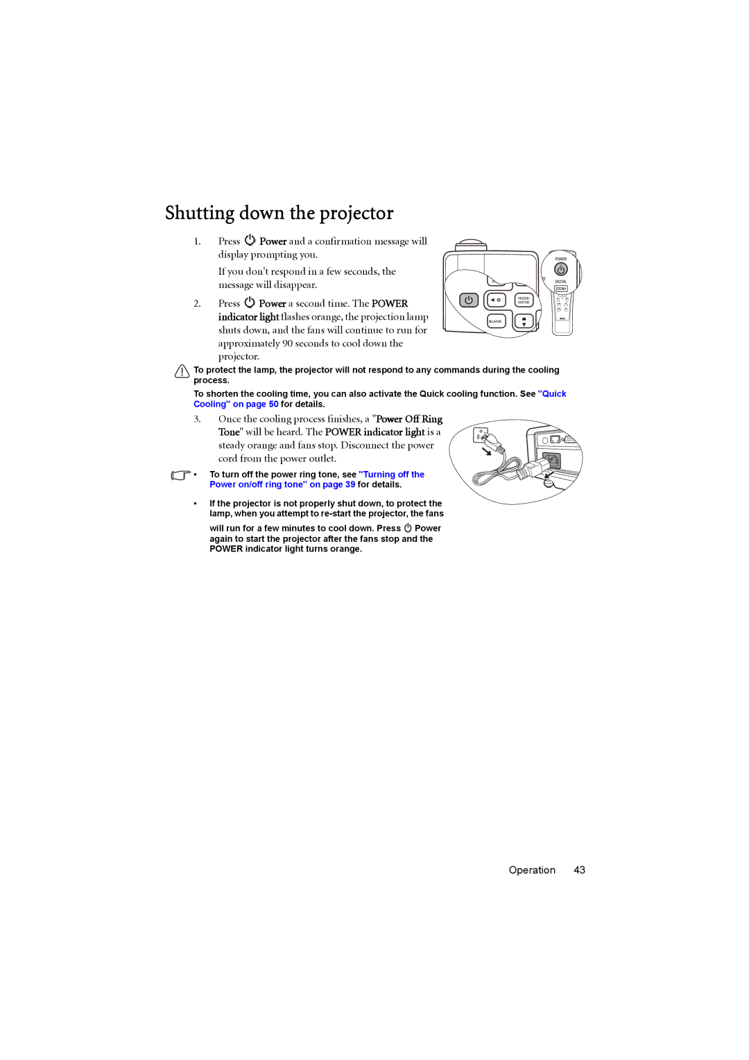 BenQ MP776 ST user manual Shutting down the projector, Once the cooling process finishes, a Power Off Ring 