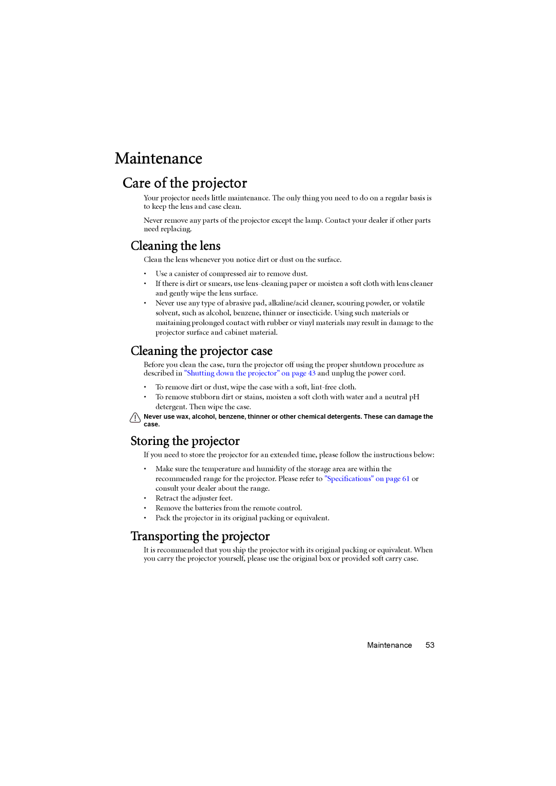 BenQ MP776 ST user manual Maintenance, Care of the projector 