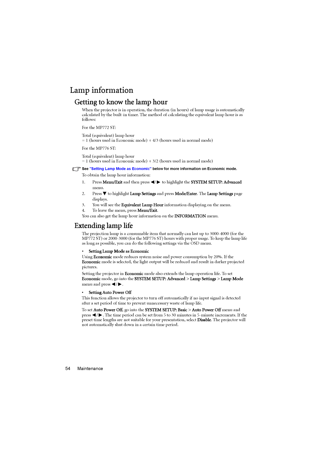 BenQ MP776 ST Lamp information, Getting to know the lamp hour, Extending lamp life, Setting Lamp Mode as Economic 