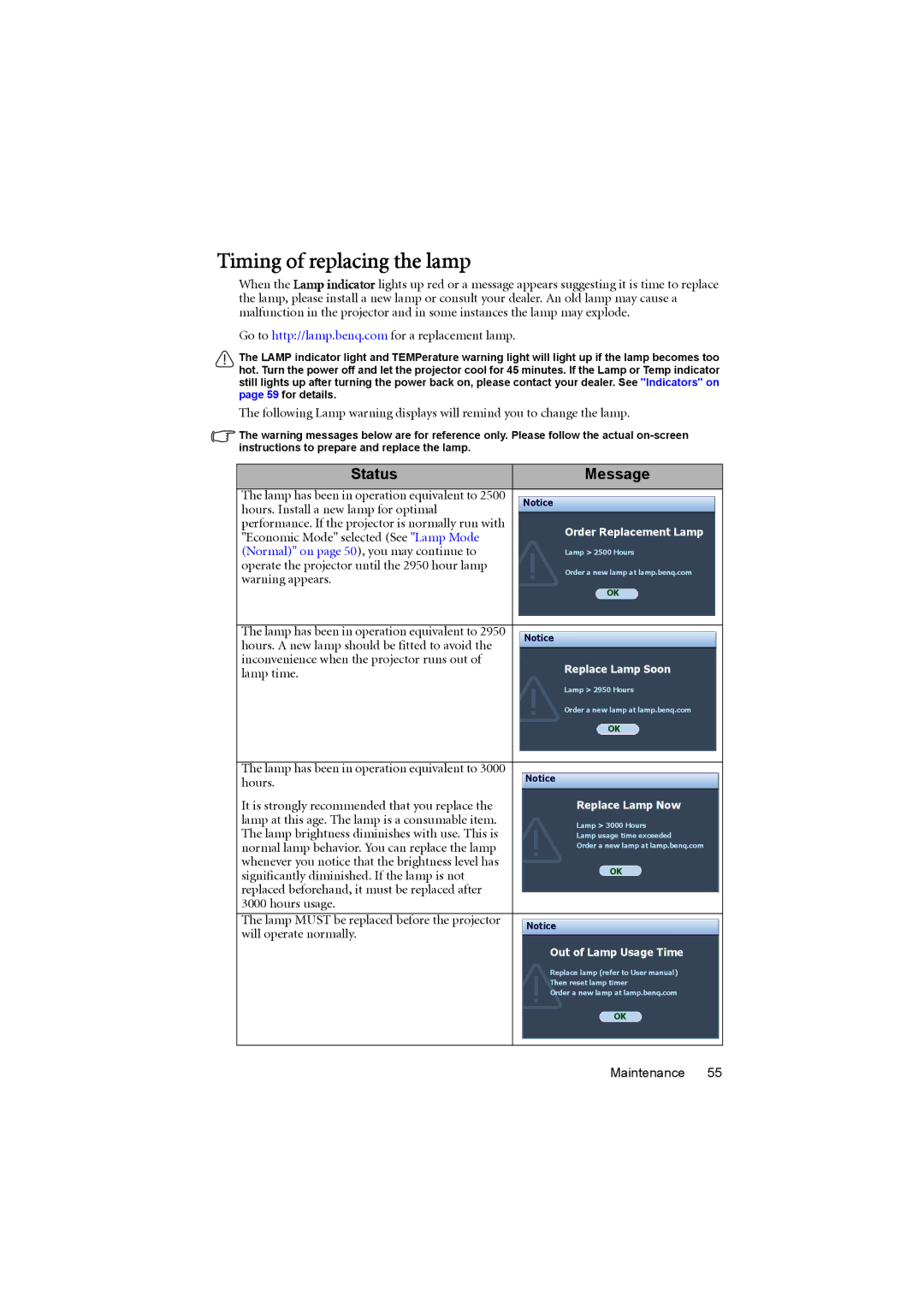 BenQ MP776 ST user manual Timing of replacing the lamp, Status Message 