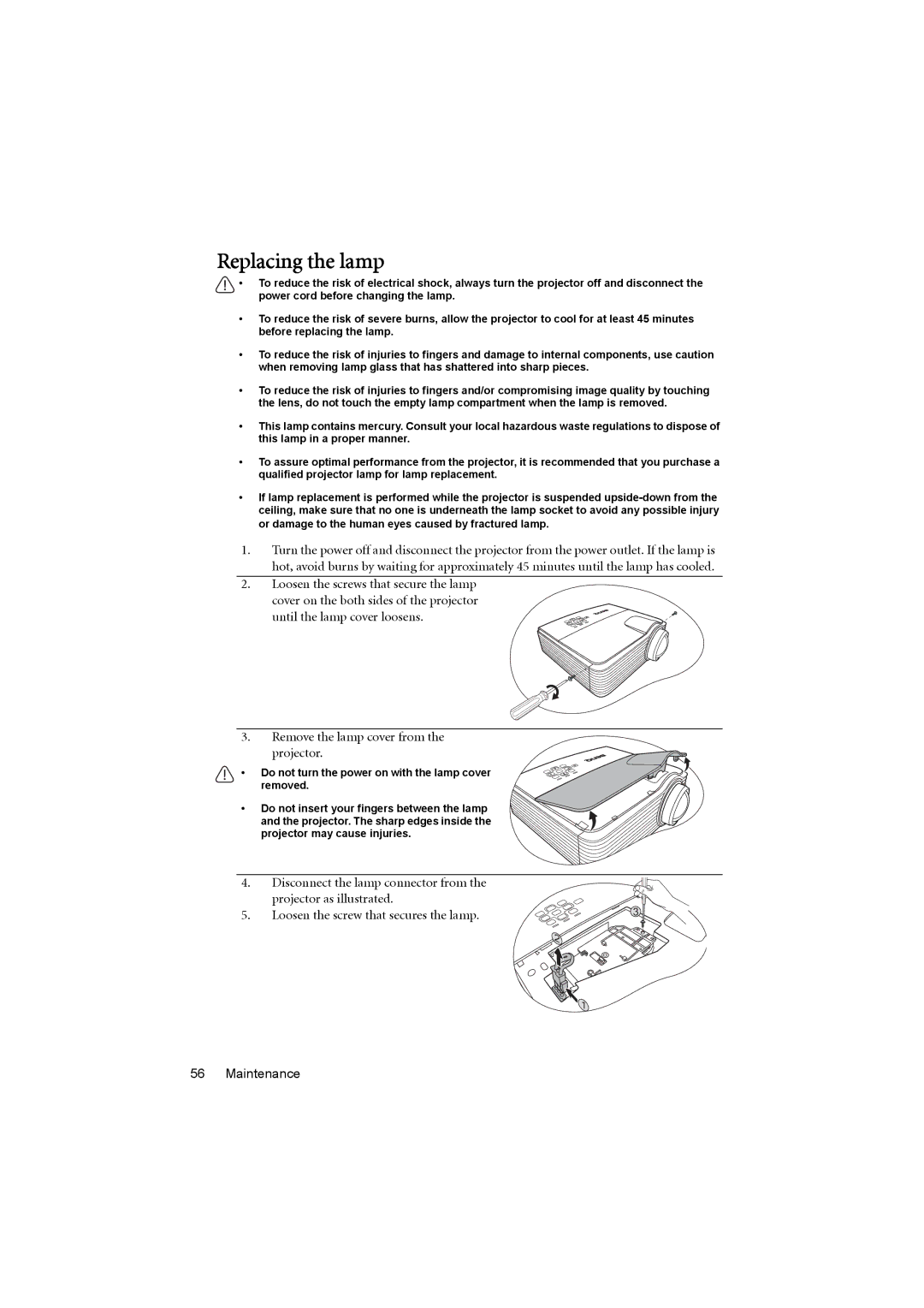 BenQ MP776 ST user manual Replacing the lamp 