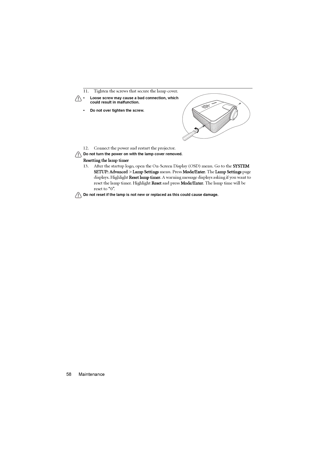 BenQ MP776 ST user manual Tighten the screws that secure the lamp cover, Connect the power and restart the projector 