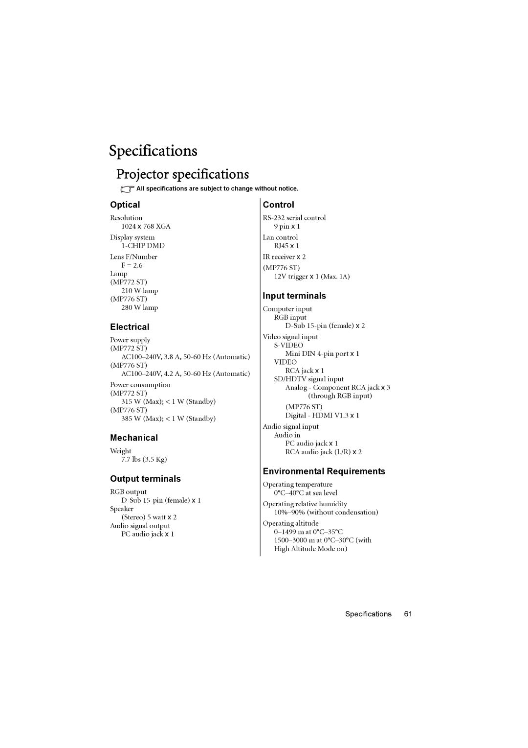 BenQ MP776 ST user manual Specifications, Projector specifications 