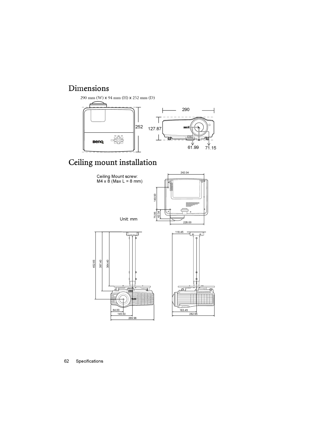 BenQ MP776 ST user manual Dimensions, Ceiling mount installation 