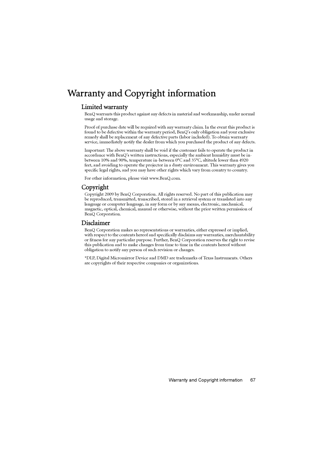 BenQ MP776 ST user manual Warranty and Copyright information, Limited warranty, Disclaimer 