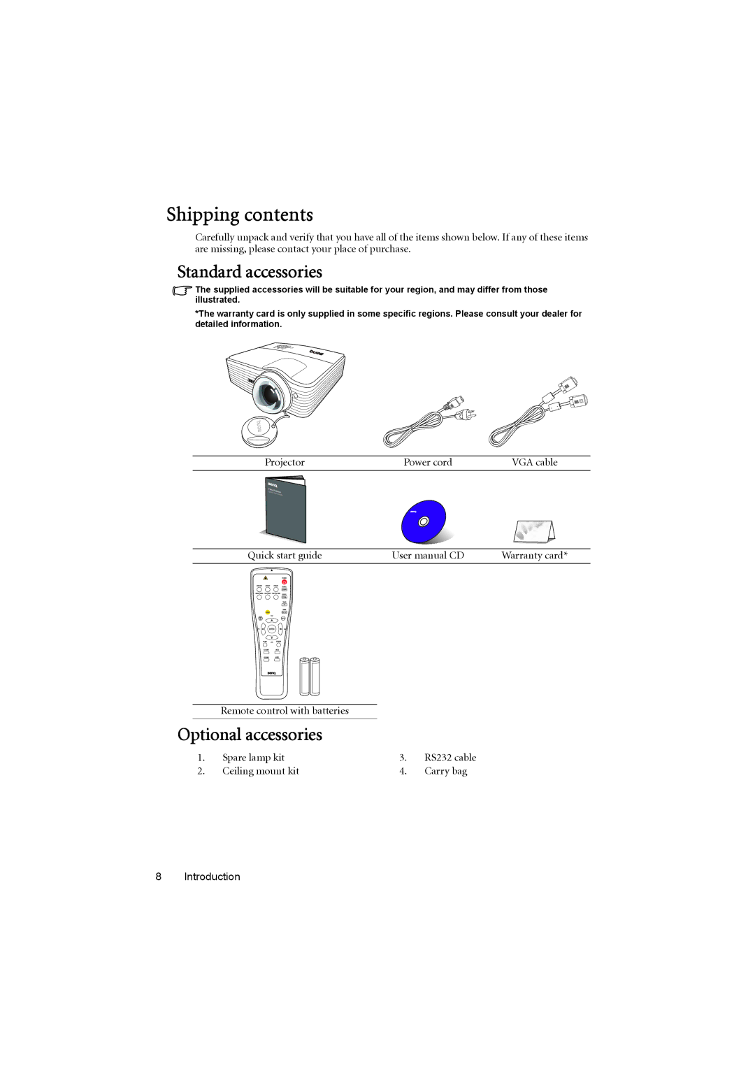 BenQ MP776 ST user manual Shipping contents 