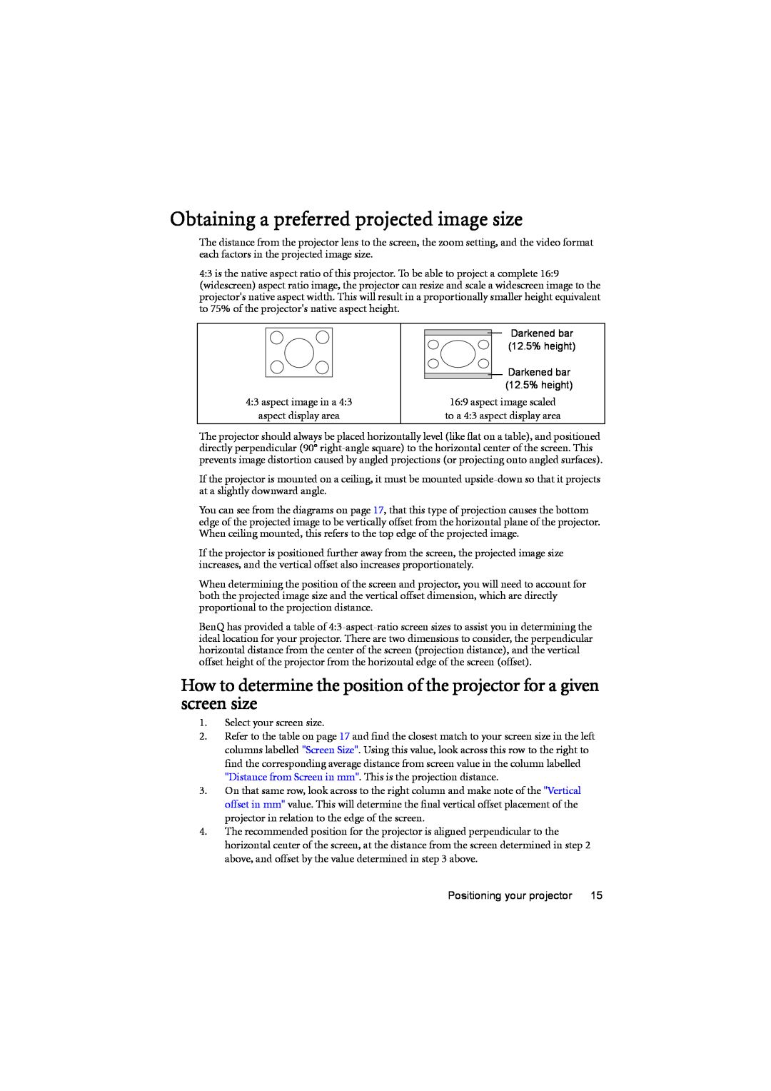 BenQ MP776 ST user manual Obtaining a preferred projected image size 