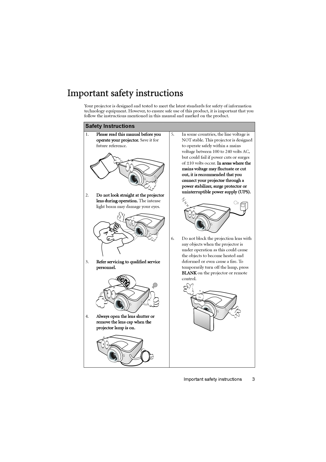 BenQ MP776 ST Important safety instructions, Safety Instructions, Refer servicing to qualified service personnel 