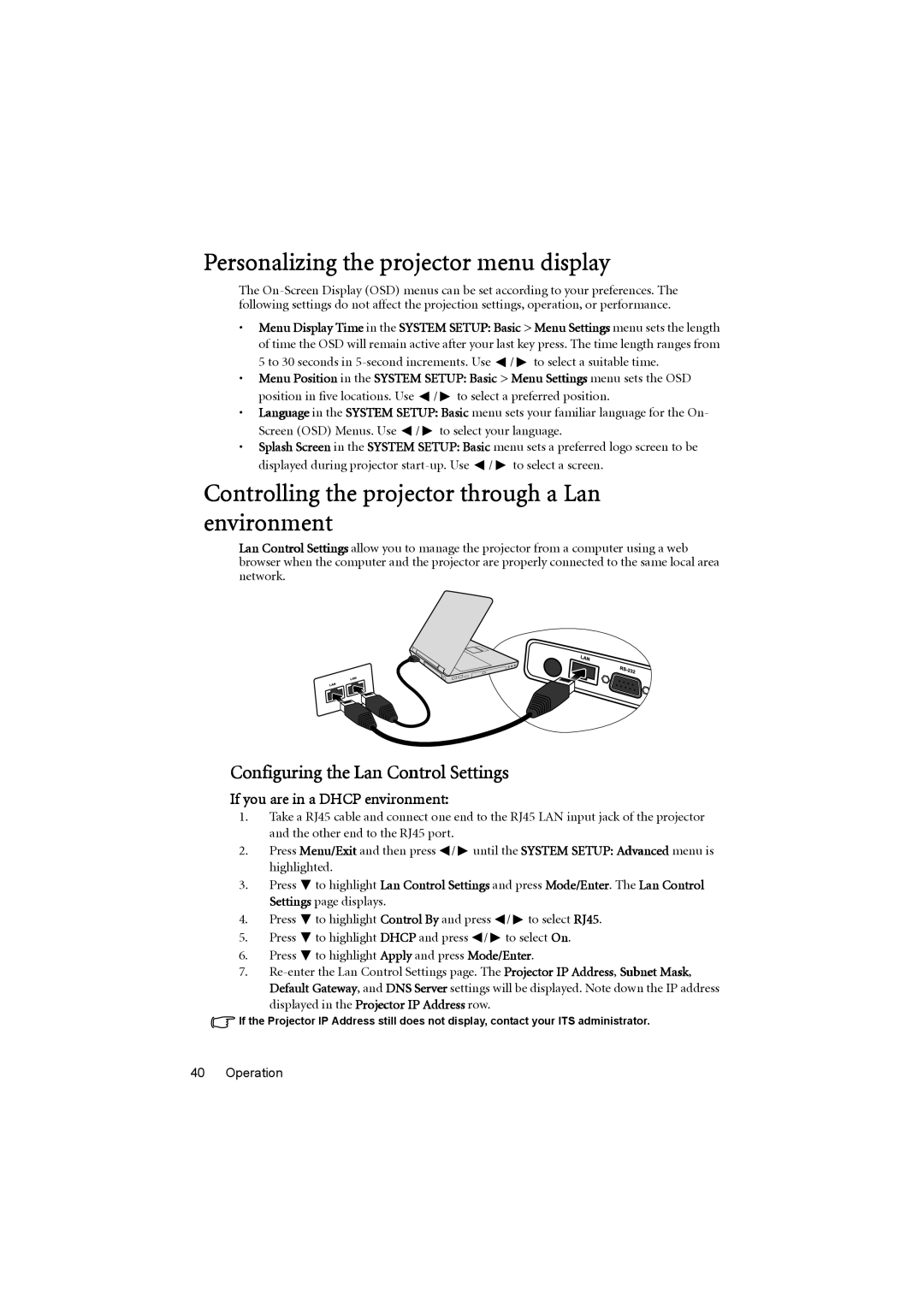 BenQ MP776 ST user manual Personalizing the projector menu display, Controlling the projector through a Lan environment 