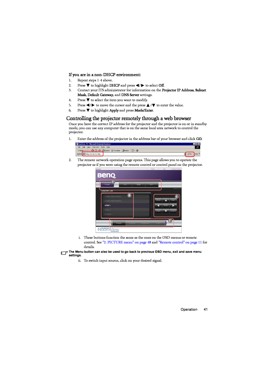BenQ MP776 ST user manual Controlling the projector remotely through a web browser, If you are in a non-DHCP environment 