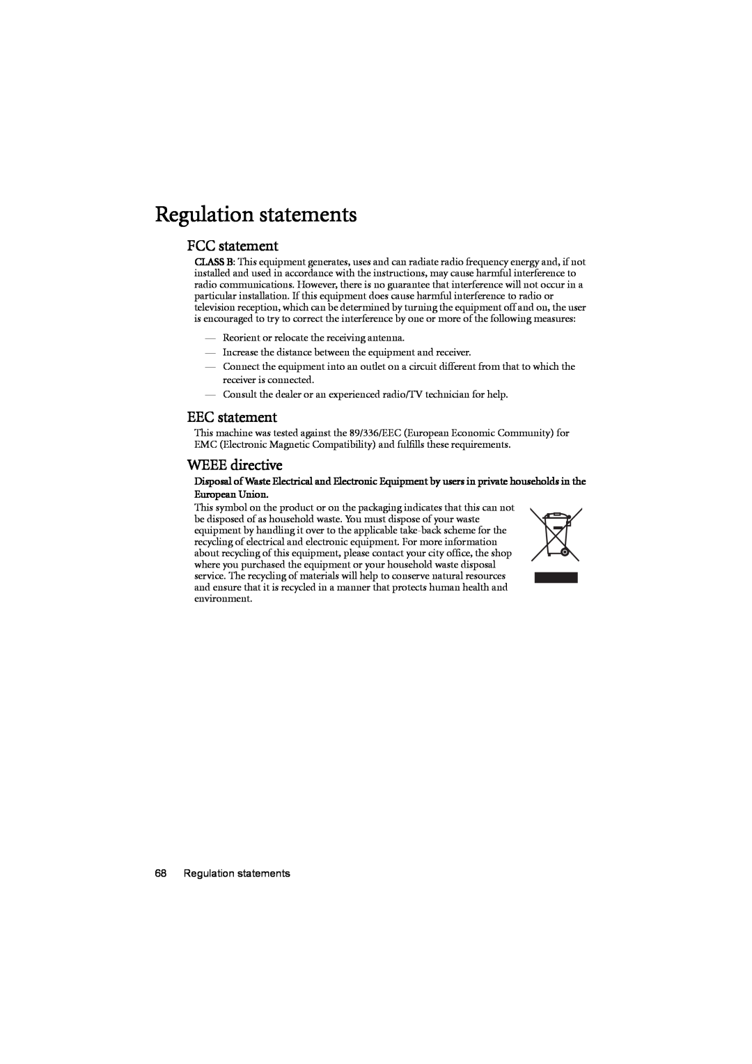BenQ MP776 ST user manual Regulation statements, FCC statement, EEC statement, WEEE directive 