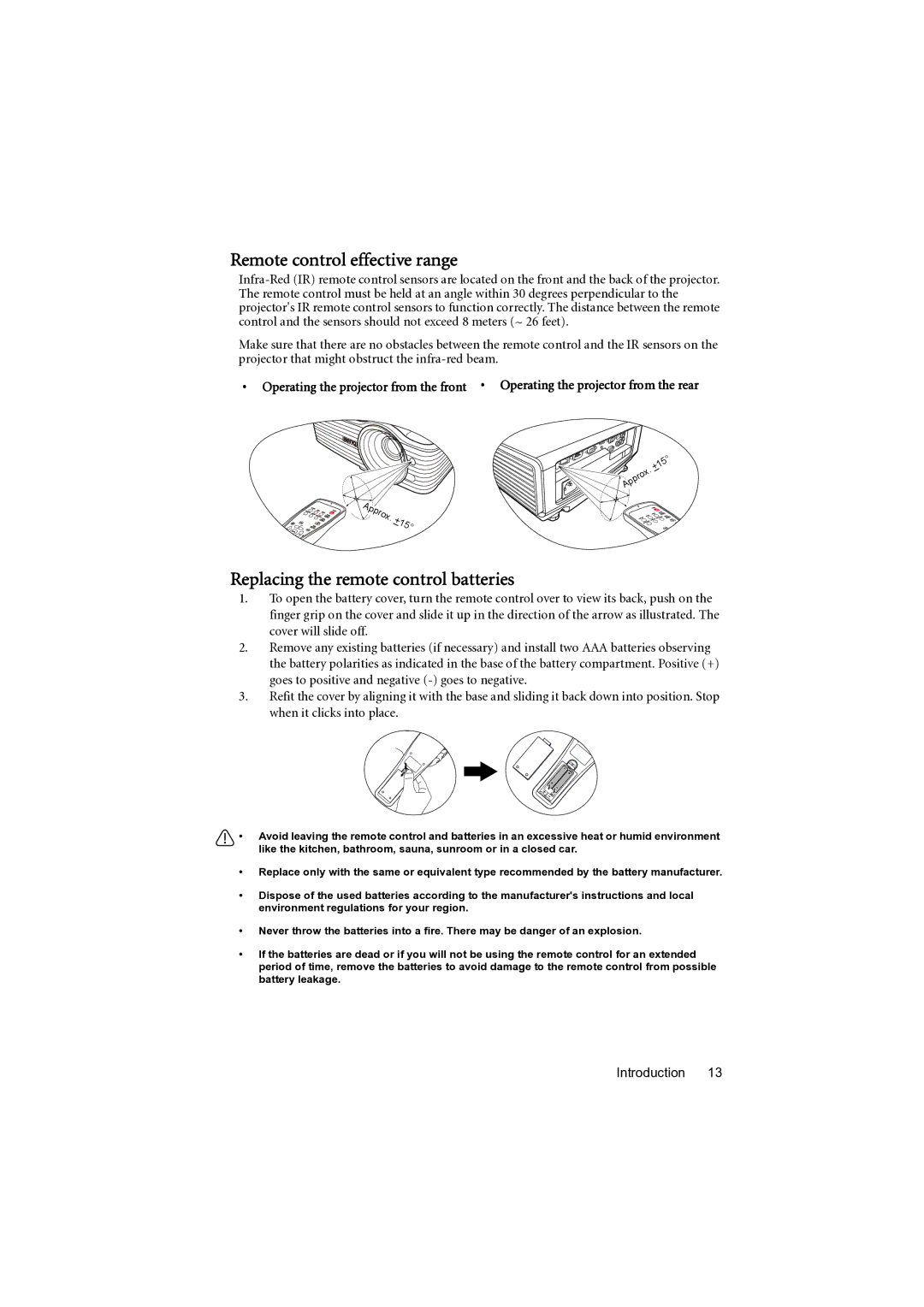 BenQ MP777 user manual Remote control effective range, Replacing the remote control batteries, Approx.+15 