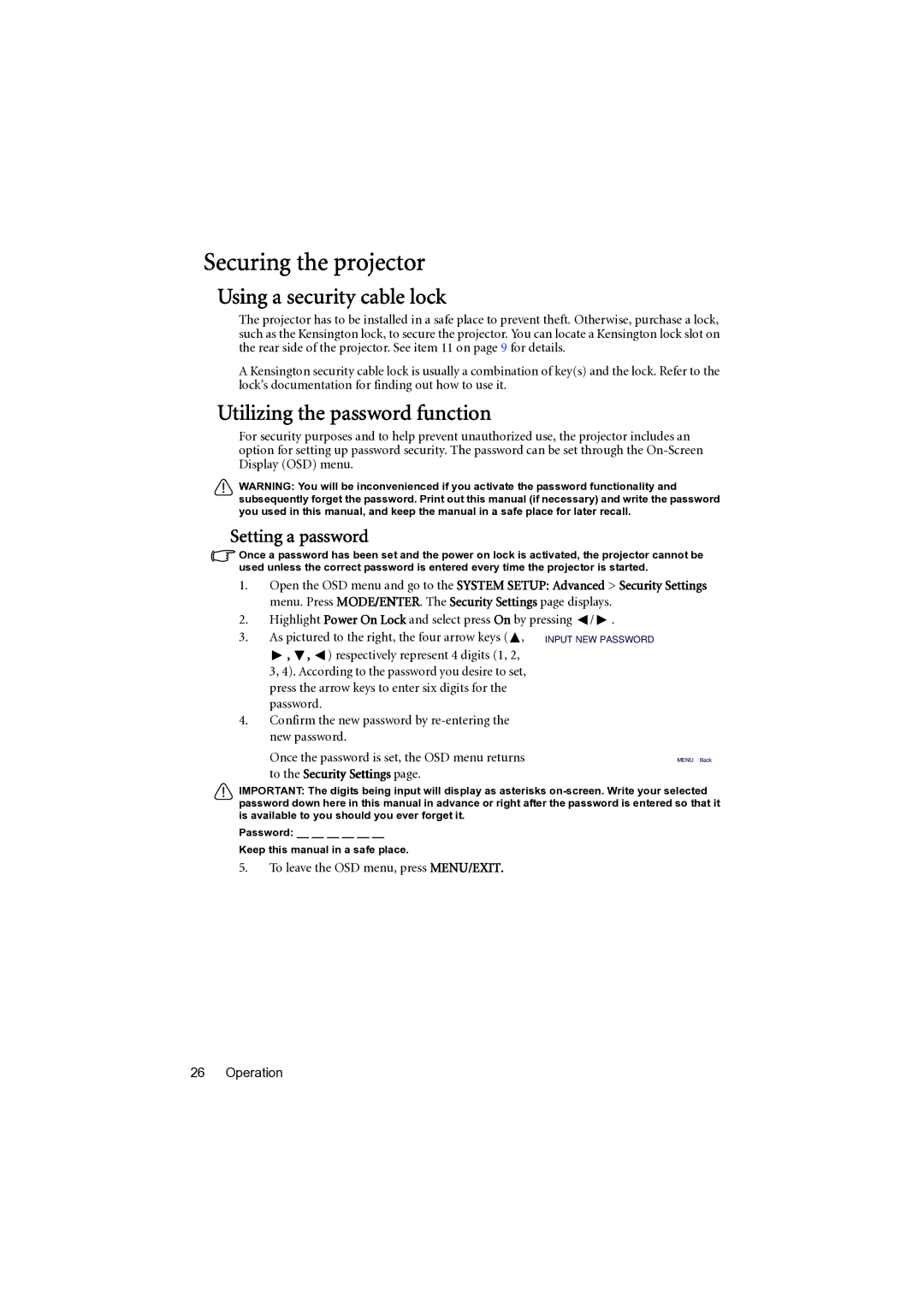 BenQ MP777 Securing the projector, Using a security cable lock, Utilizing the password function, Setting a password 