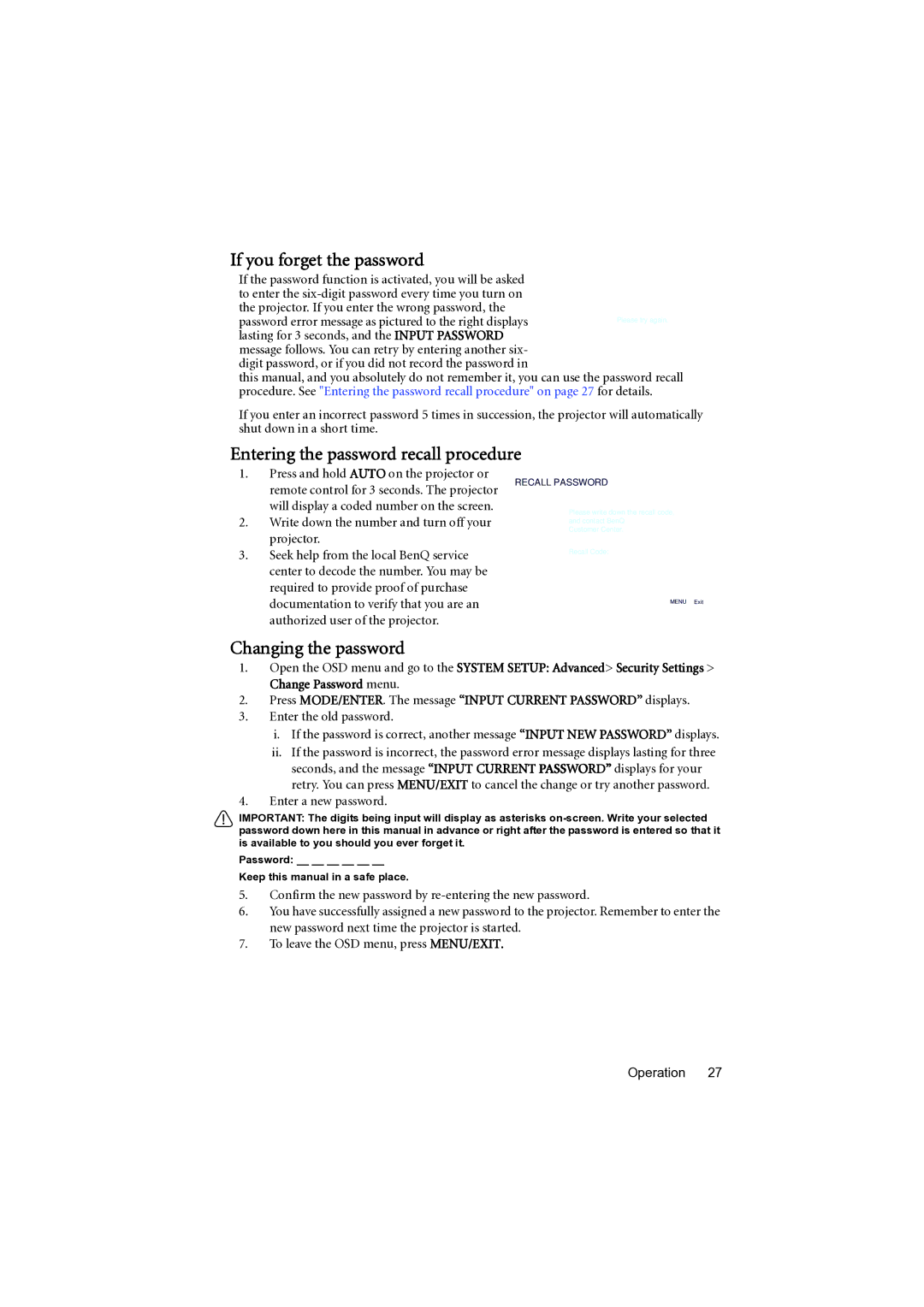 BenQ MP777 user manual If you forget the password, Entering the password recall procedure, Changing the password 