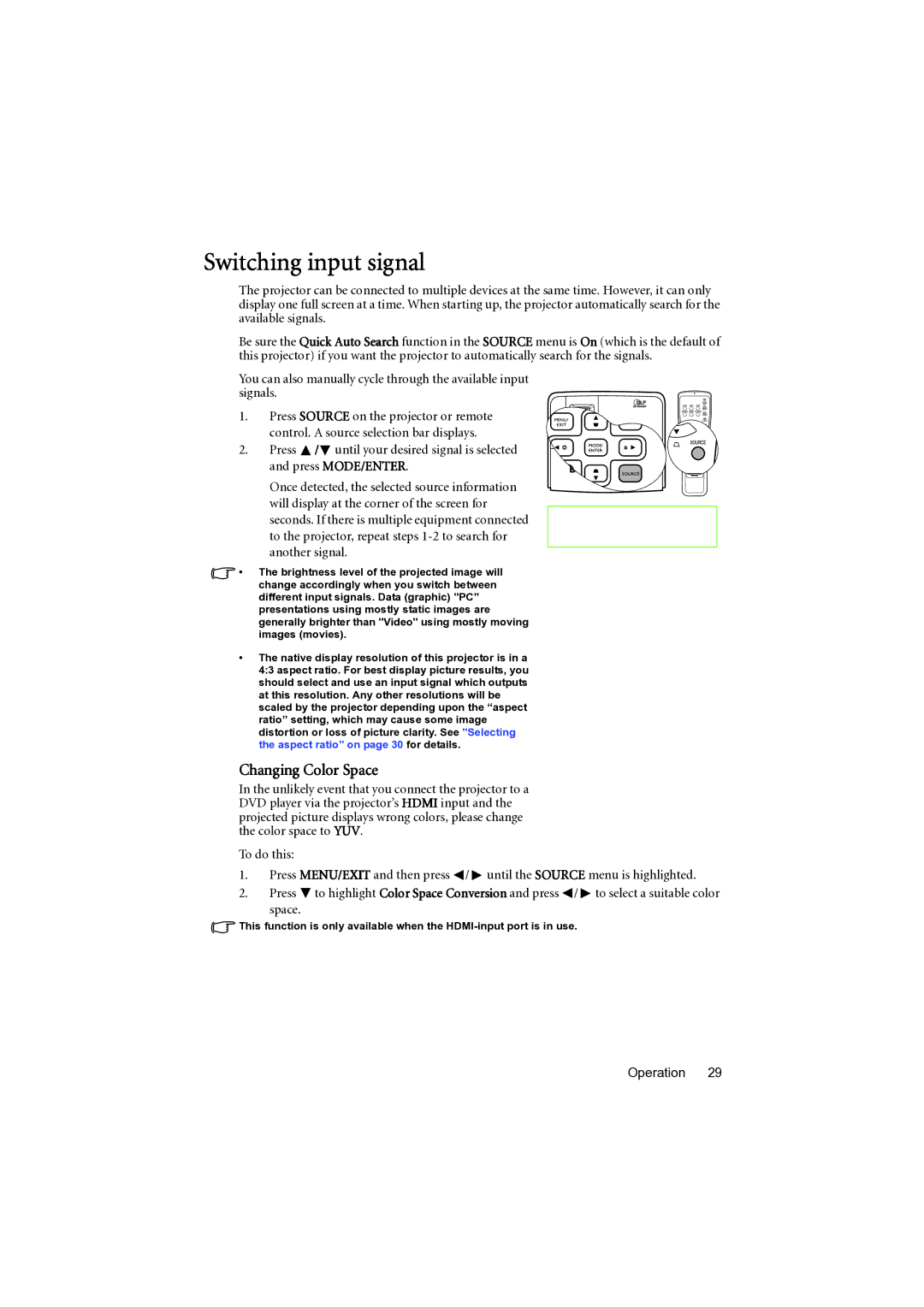 BenQ MP777 user manual Switching input signal, Changing Color Space 