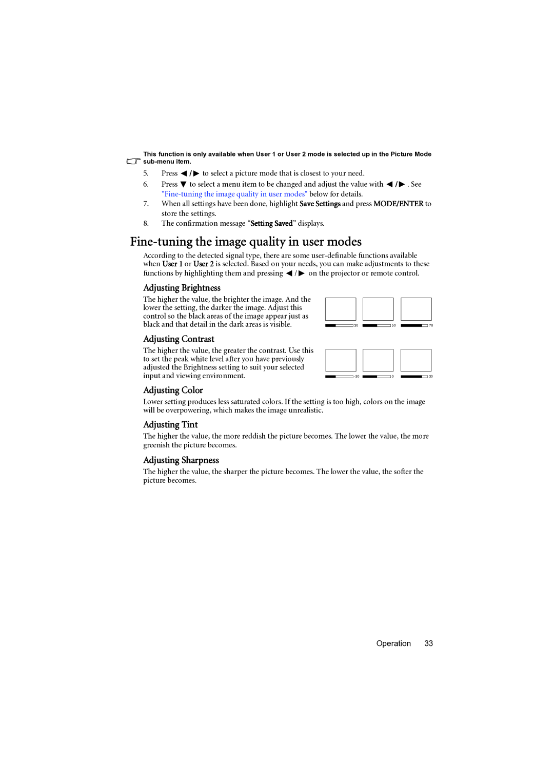 BenQ MP777 user manual Fine-tuning the image quality in user modes 