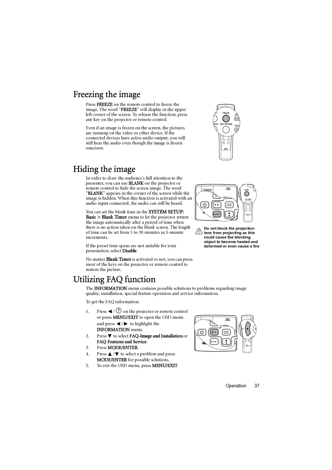 BenQ MP777 Freezing the image, Hiding the image, Utilizing FAQ function, To exit the OSD menu, press MENU/EXIT Operation 