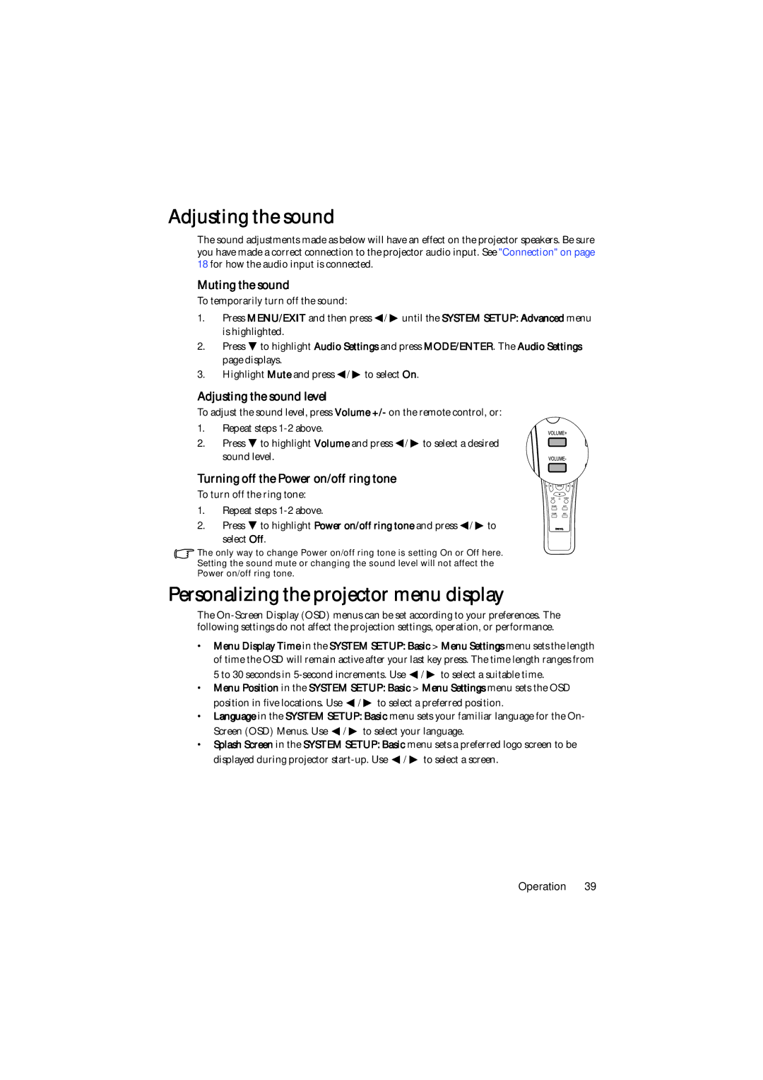 BenQ MP777 user manual Personalizing the projector menu display, Muting the sound, Adjusting the sound level 