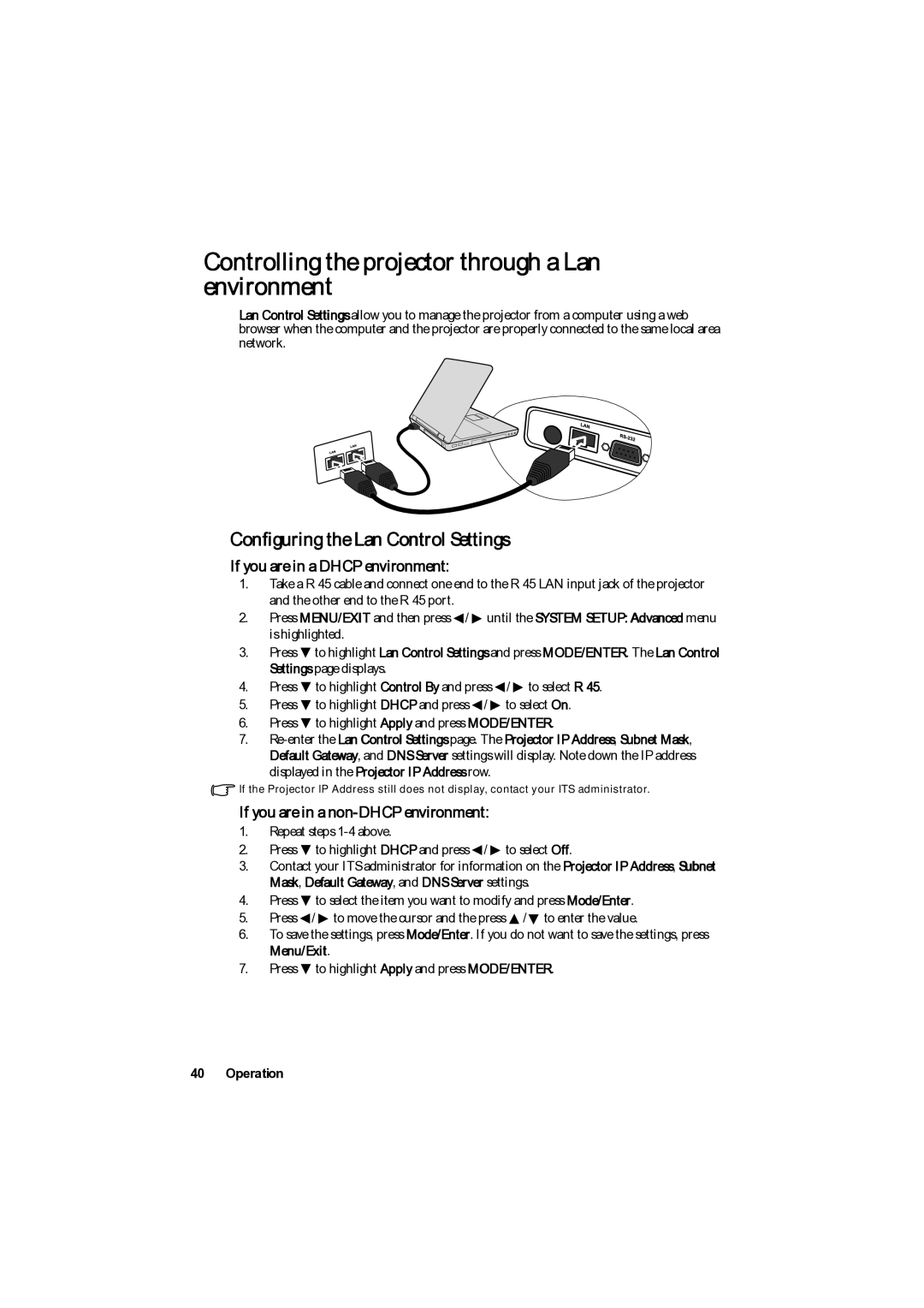 BenQ MP777 user manual Controlling the projector through a Lan environment, Configuring the Lan Control Settings 