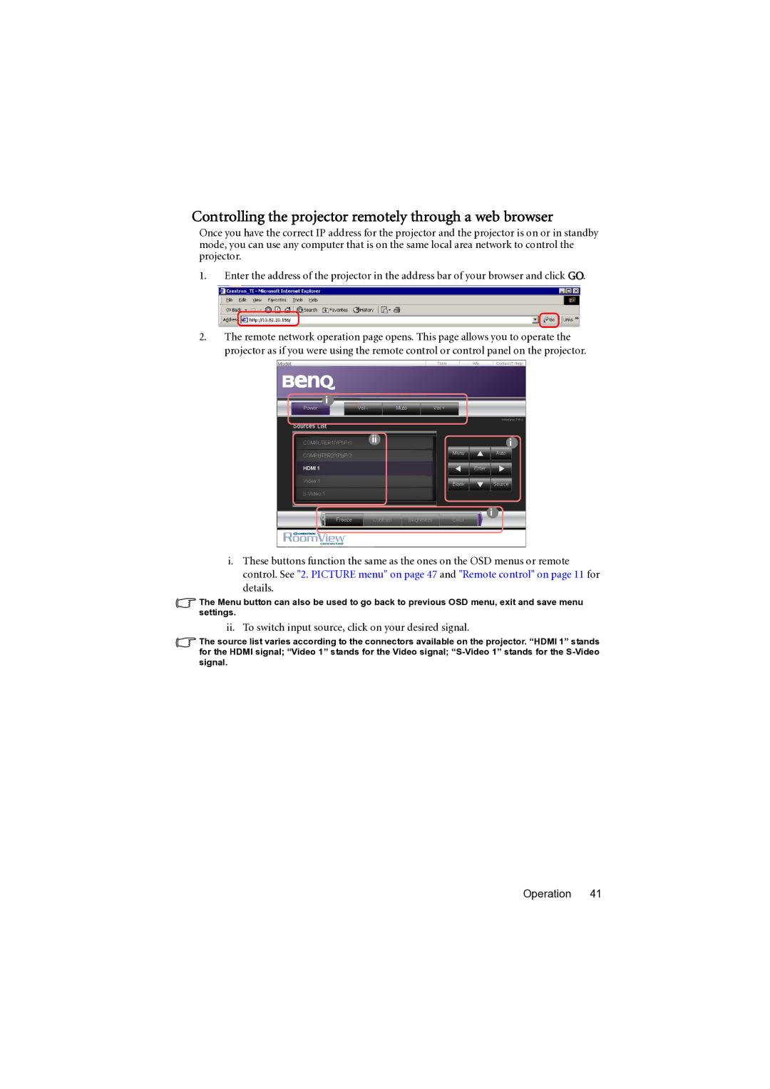 BenQ MP777 user manual Controlling the projector remotely through a web browser 