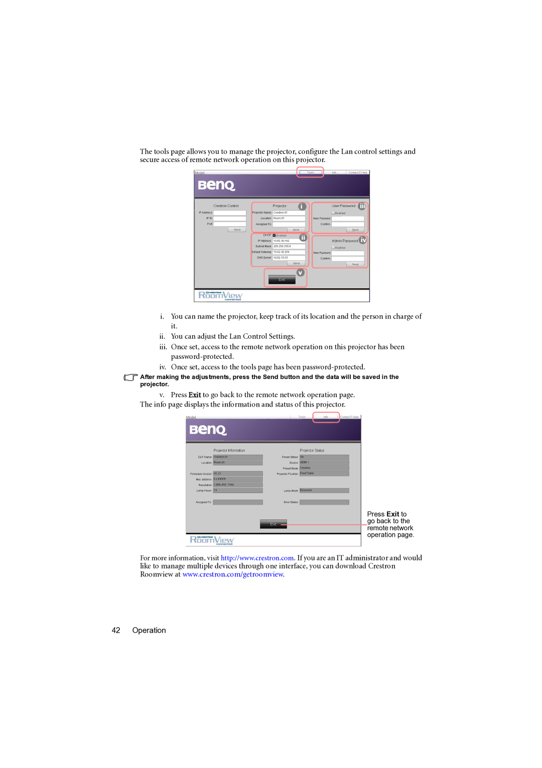 BenQ MP777 user manual Press Exit to go back to the remote network operation 