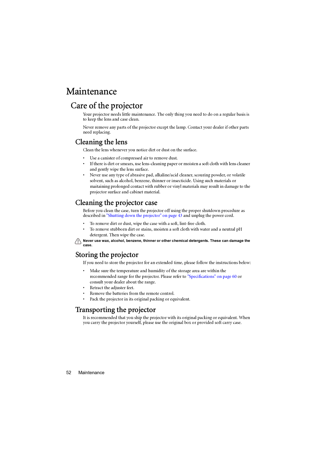 BenQ MP777 user manual Maintenance, Care of the projector 