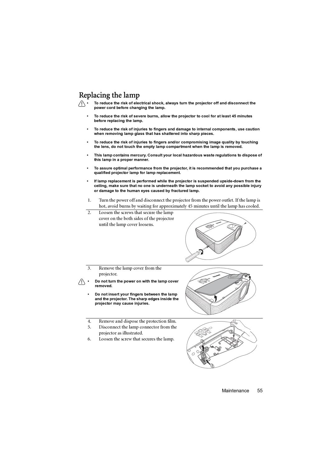 BenQ MP777 user manual Replacing the lamp 