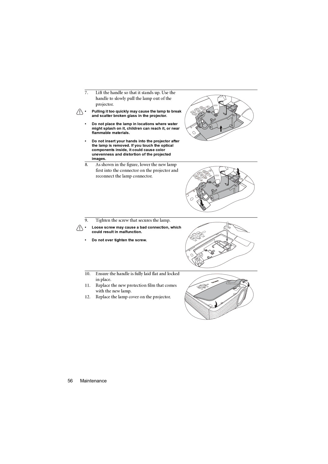 BenQ MP777 user manual Tighten the screw that secures the lamp 