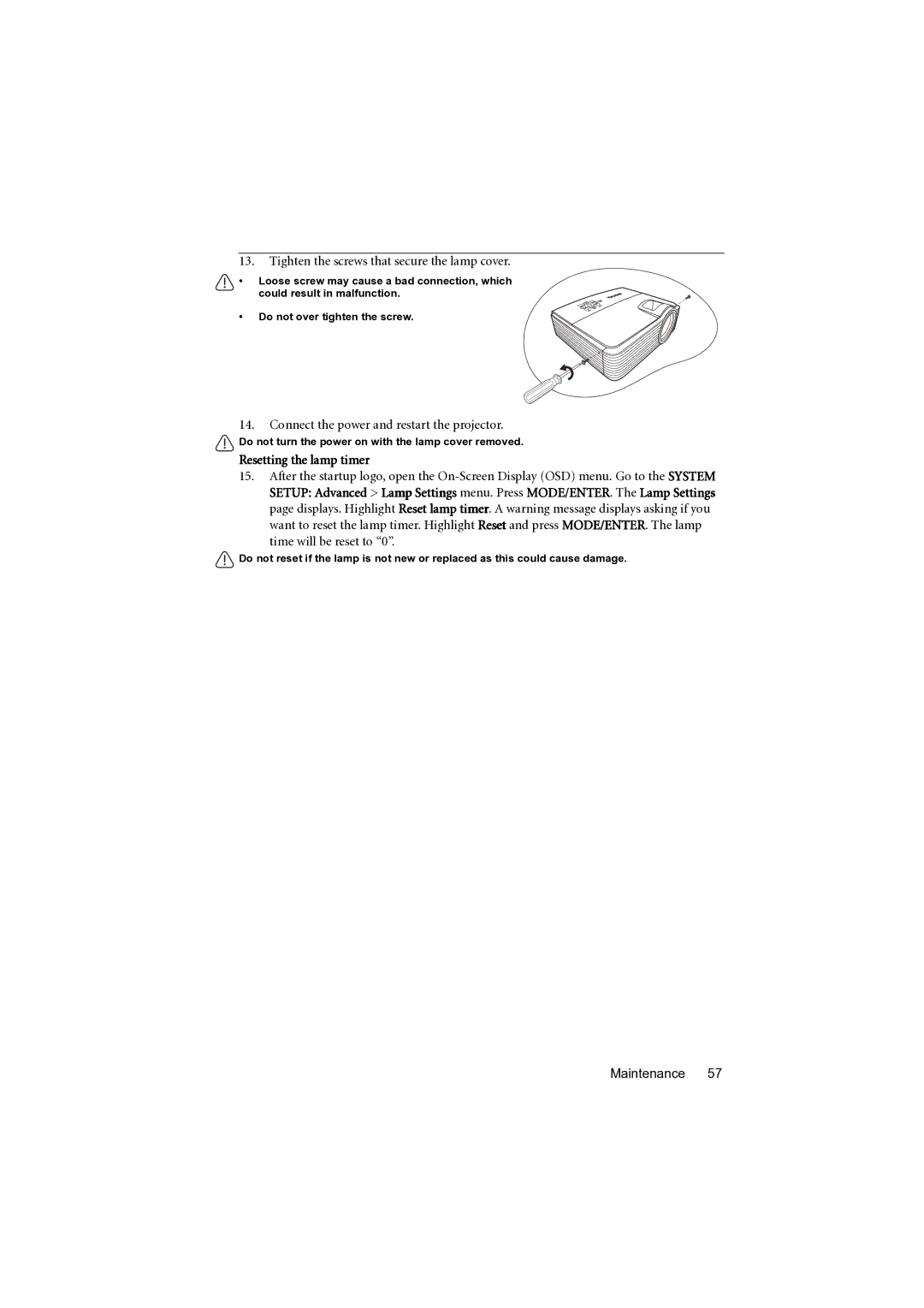 BenQ MP777 user manual Tighten the screws that secure the lamp cover, Connect the power and restart the projector 