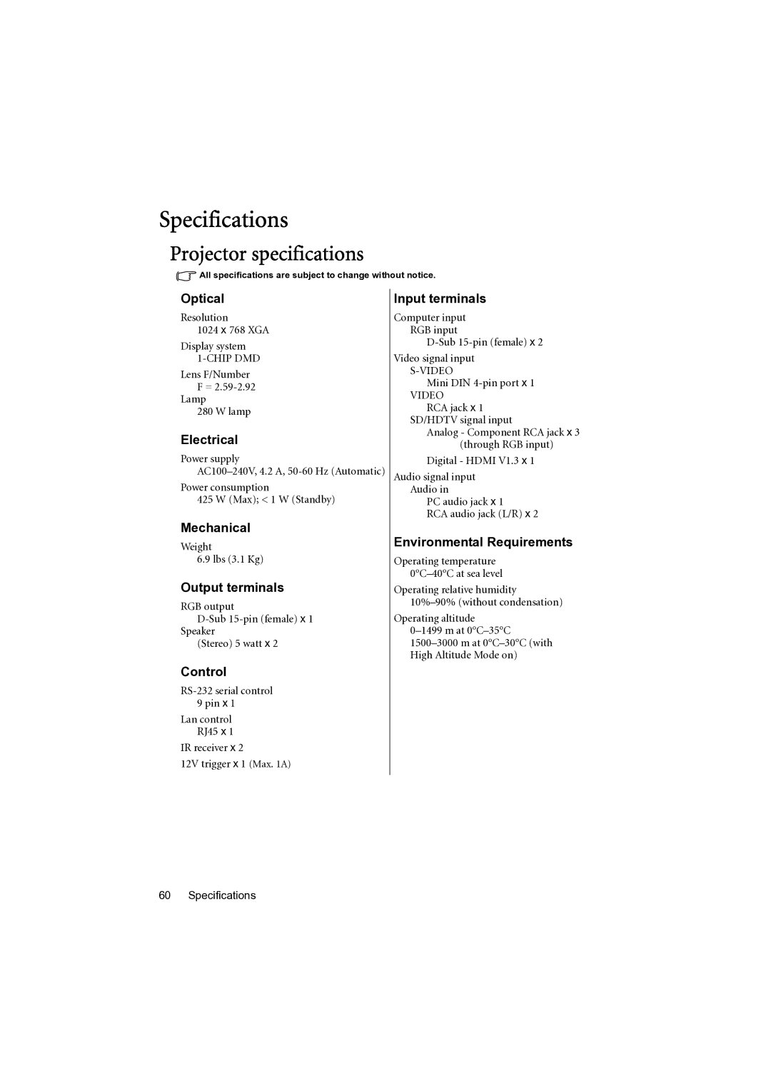 BenQ MP777 user manual Specifications, Projector specifications 