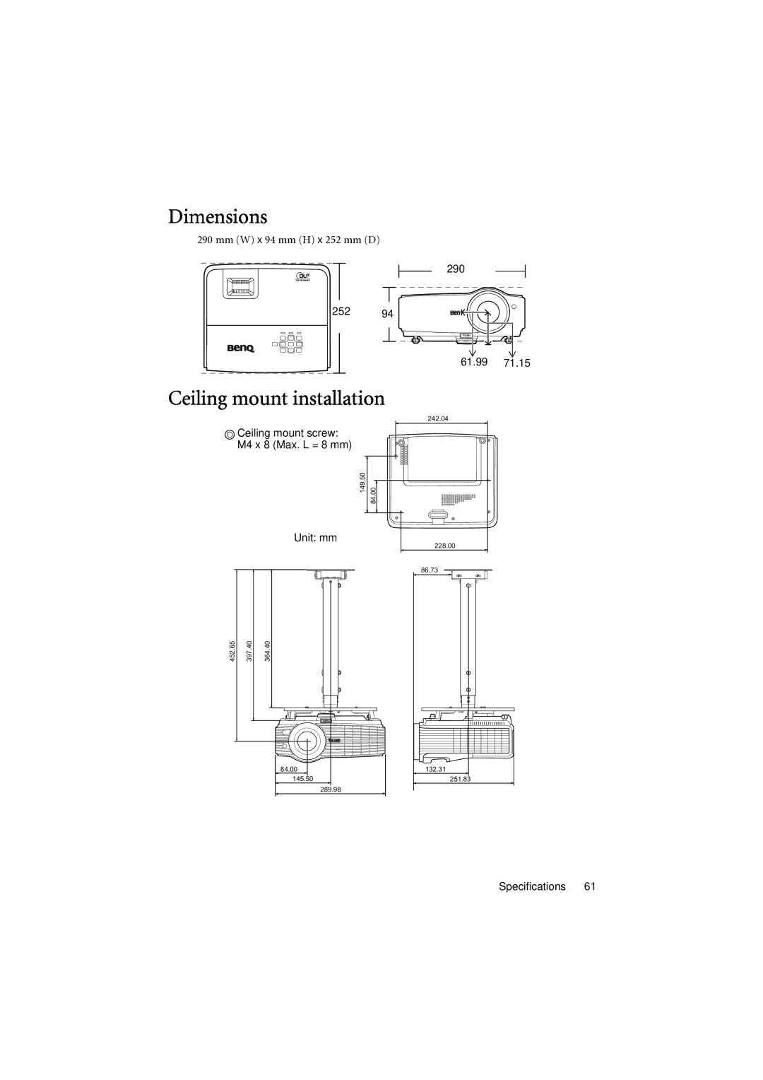 BenQ MP777 user manual Dimensions, Ceiling mount installation 