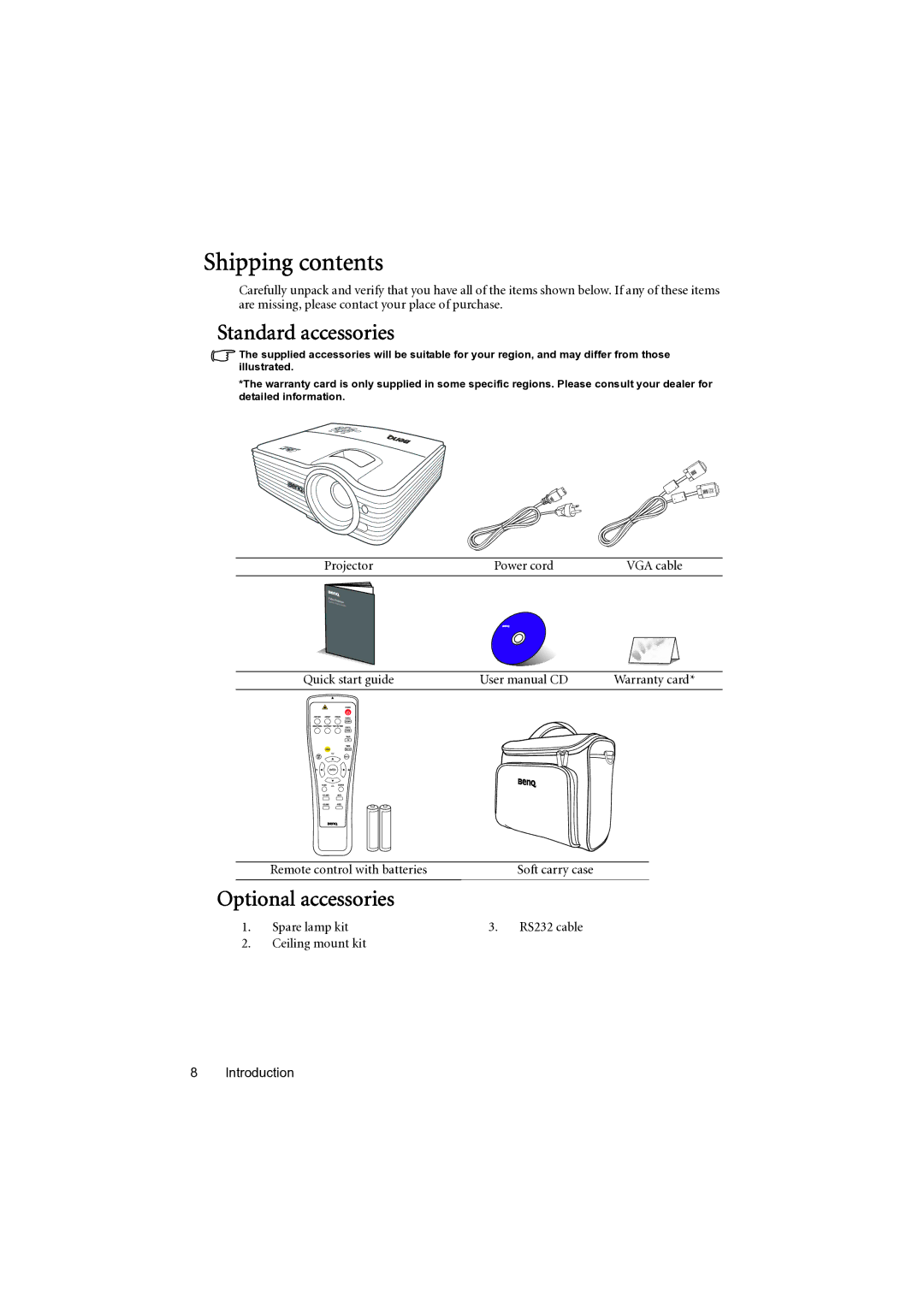 BenQ MP777 user manual Shipping contents 