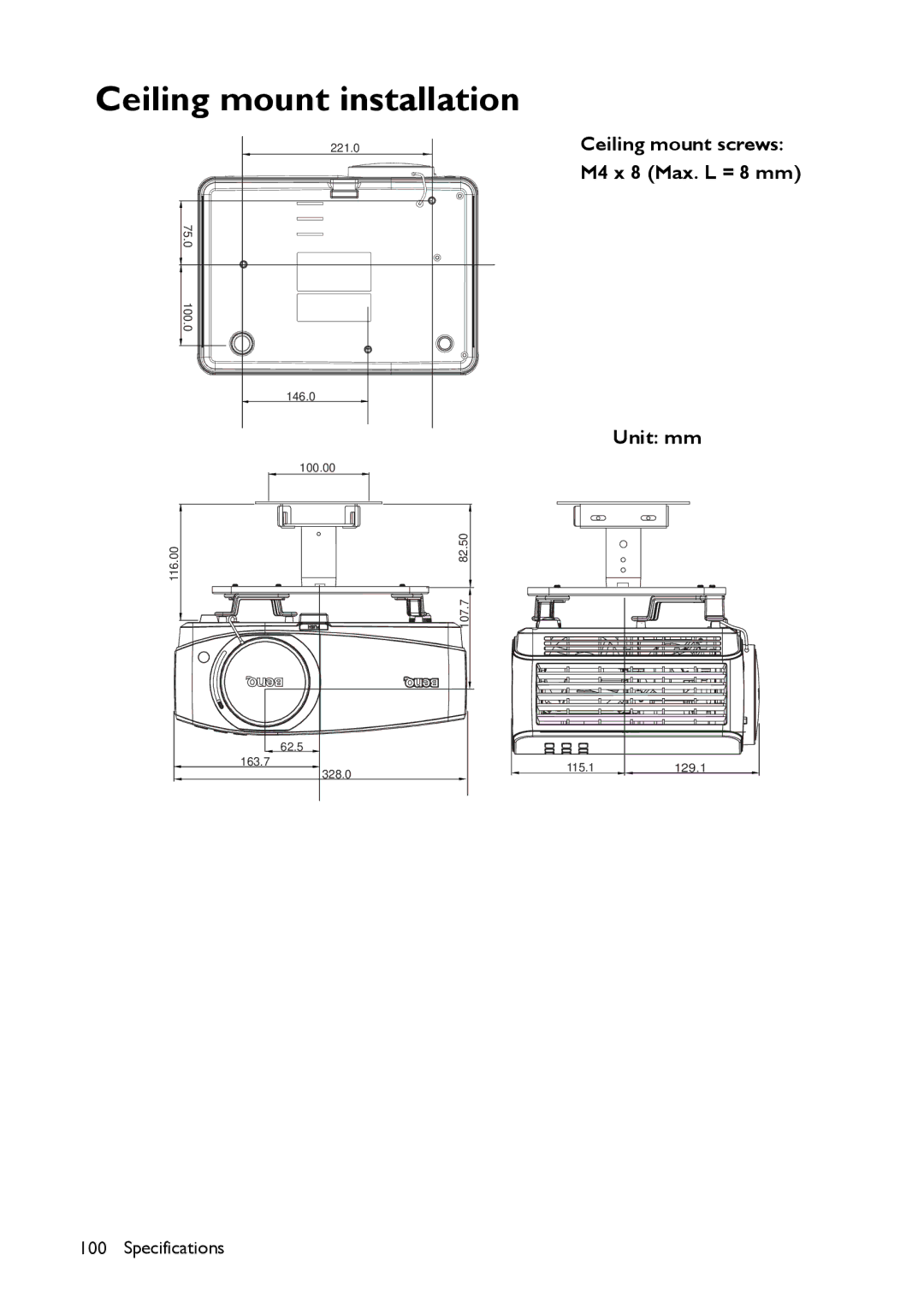 BenQ MP780 ST+, MW860USTi user manual Ceiling mount installation, Ceiling mount screws M4 x 8 Max. L = 8 mm Unit mm 