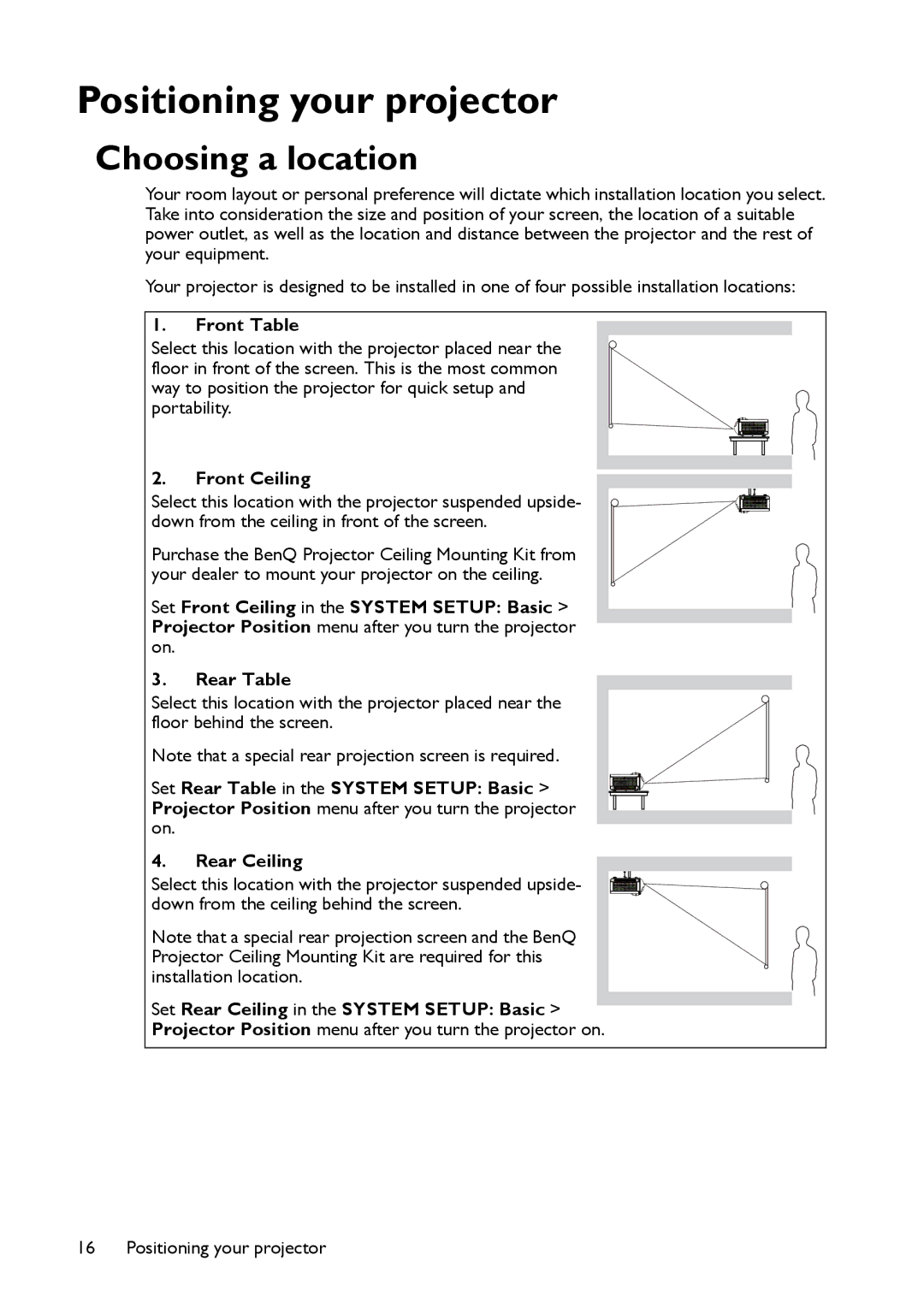 BenQ MP780 ST+, MW860USTi user manual Choosing a location, Front Table, Front Ceiling 