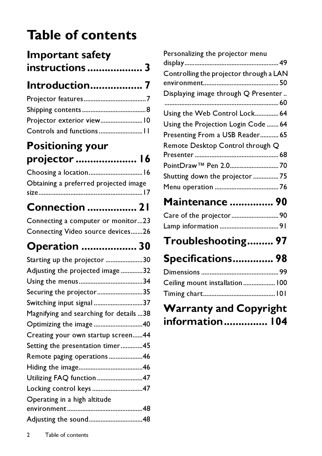 BenQ MP780 ST+, MW860USTi user manual Table of contents 