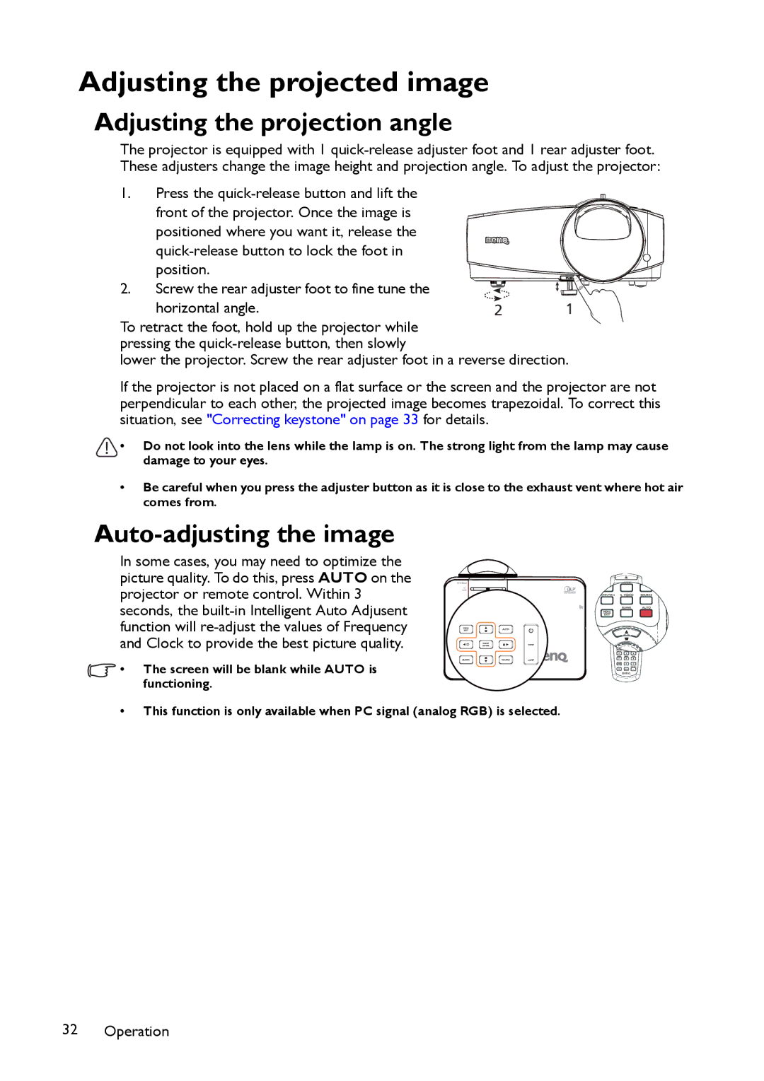 BenQ MP780 ST+, MW860USTi Adjusting the projected image, Adjusting the projection angle, Auto-adjusting the image 