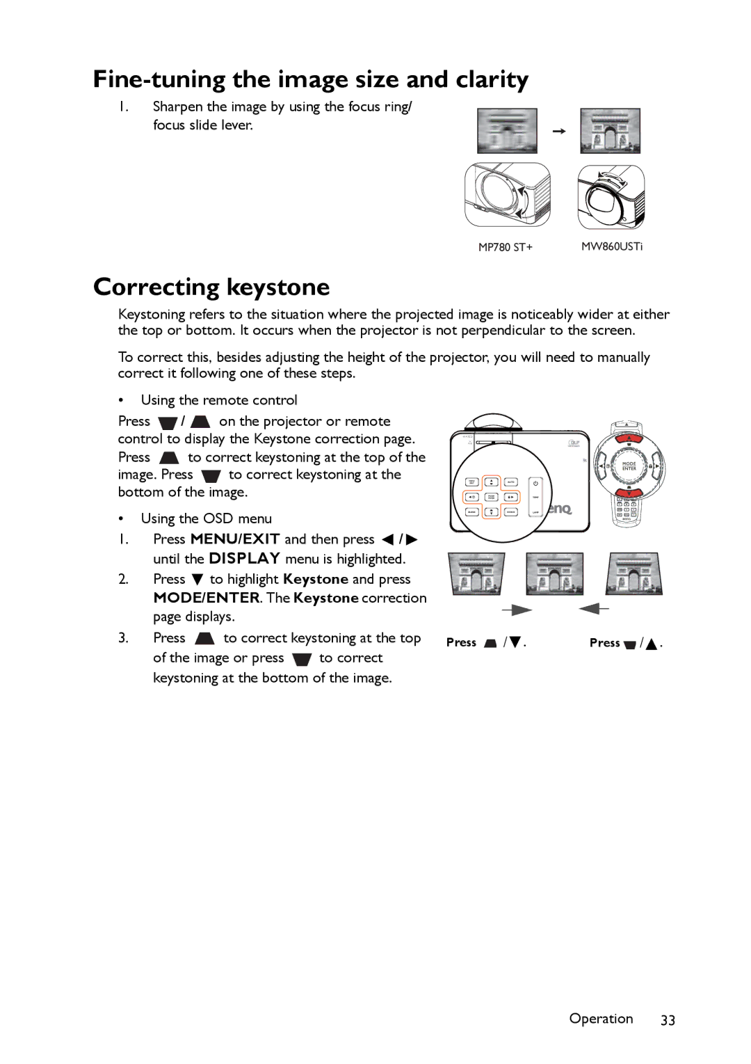 BenQ MW860USTi, MP780 ST+ user manual Fine-tuning the image size and clarity, Correcting keystone 