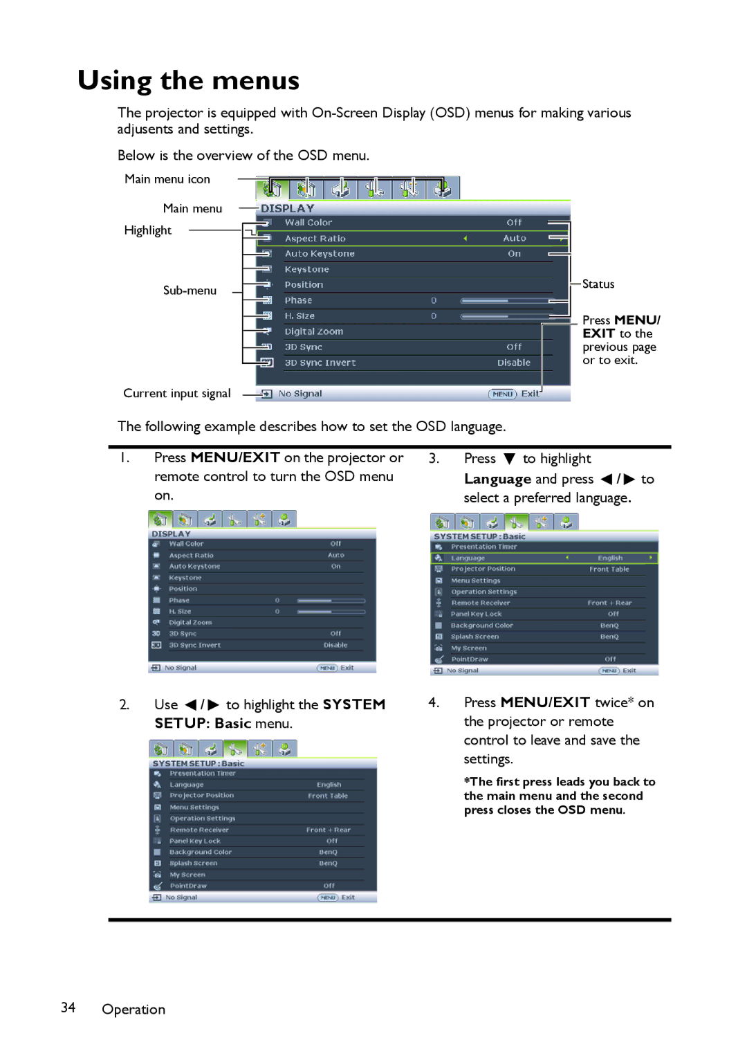 BenQ MP780 ST+, MW860USTi user manual Using the menus 