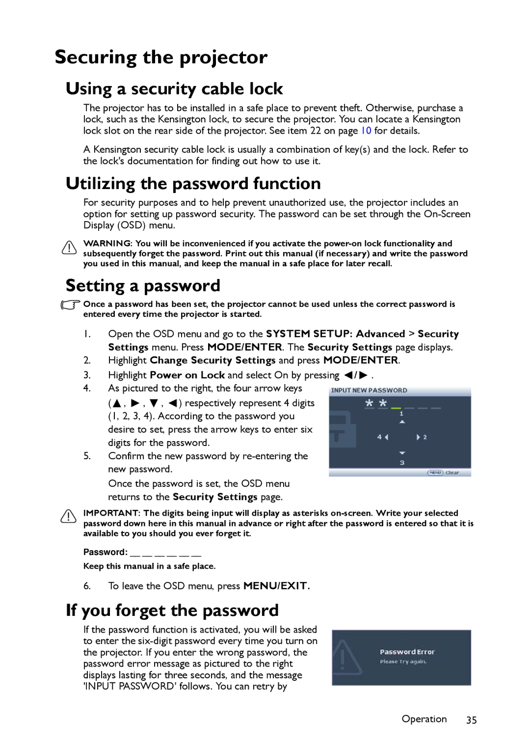 BenQ MW860USTi Securing the projector, Using a security cable lock, Utilizing the password function, Setting a password 