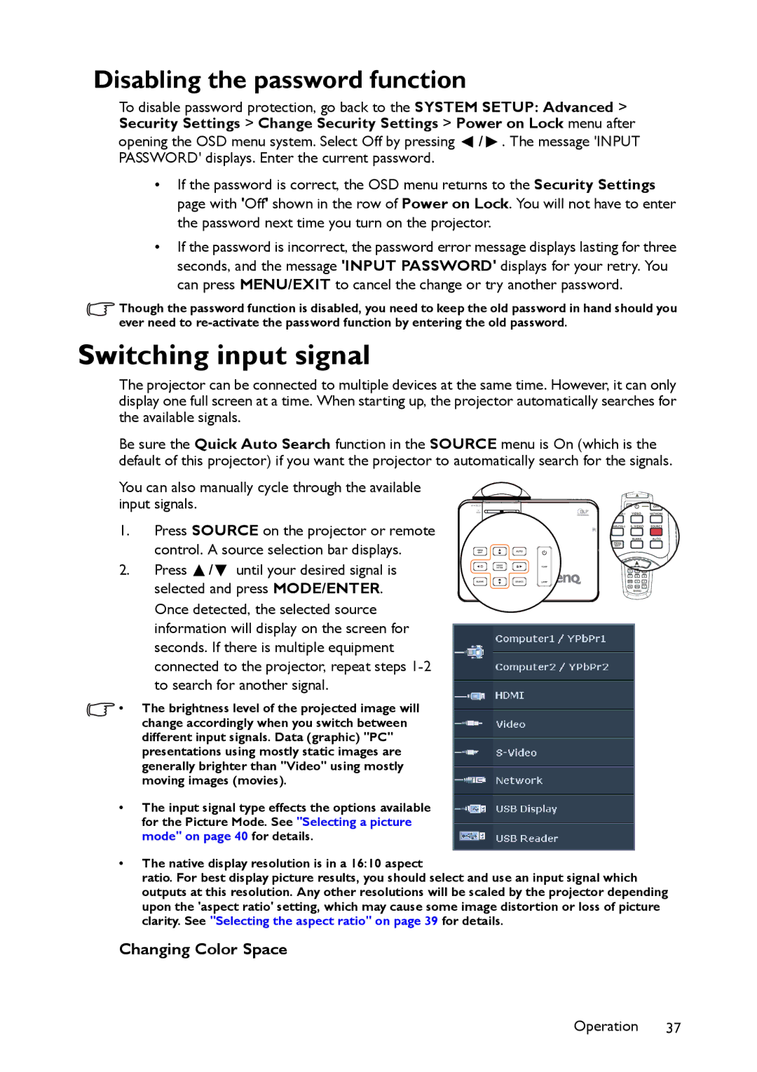 BenQ MW860USTi, MP780 ST+ user manual Switching input signal, Disabling the password function, Changing Color Space 