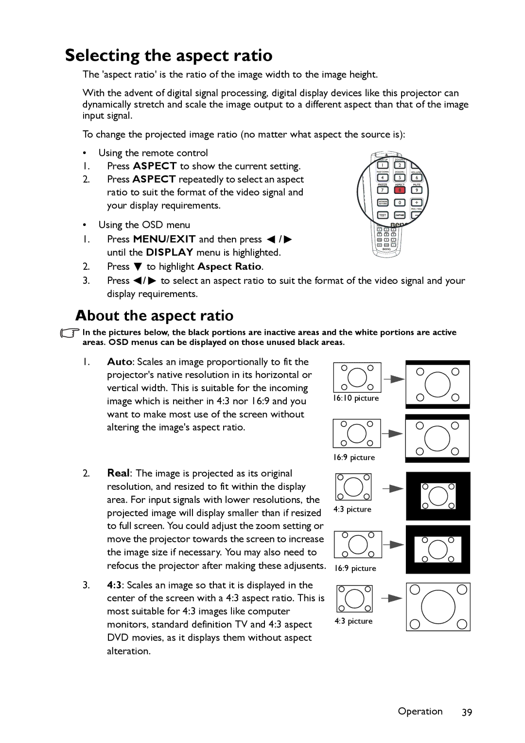 BenQ MW860USTi, MP780 ST+ user manual Selecting the aspect ratio, About the aspect ratio 