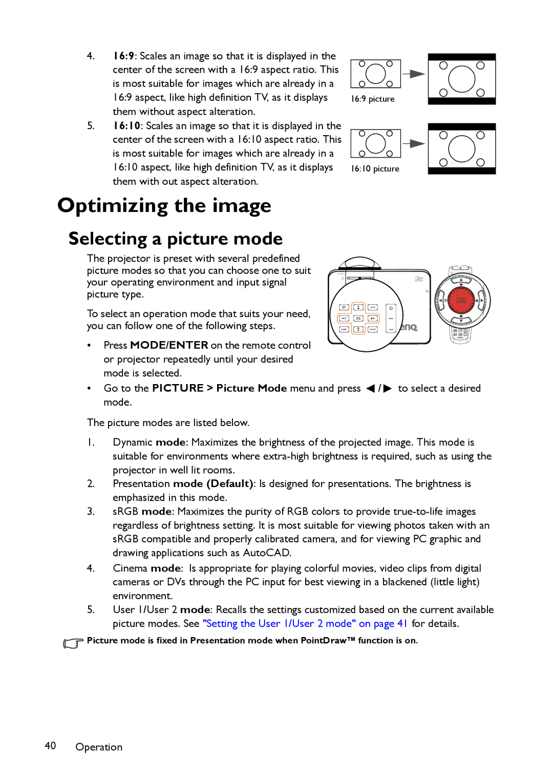 BenQ MP780 ST+, MW860USTi user manual Optimizing the image, Selecting a picture mode 