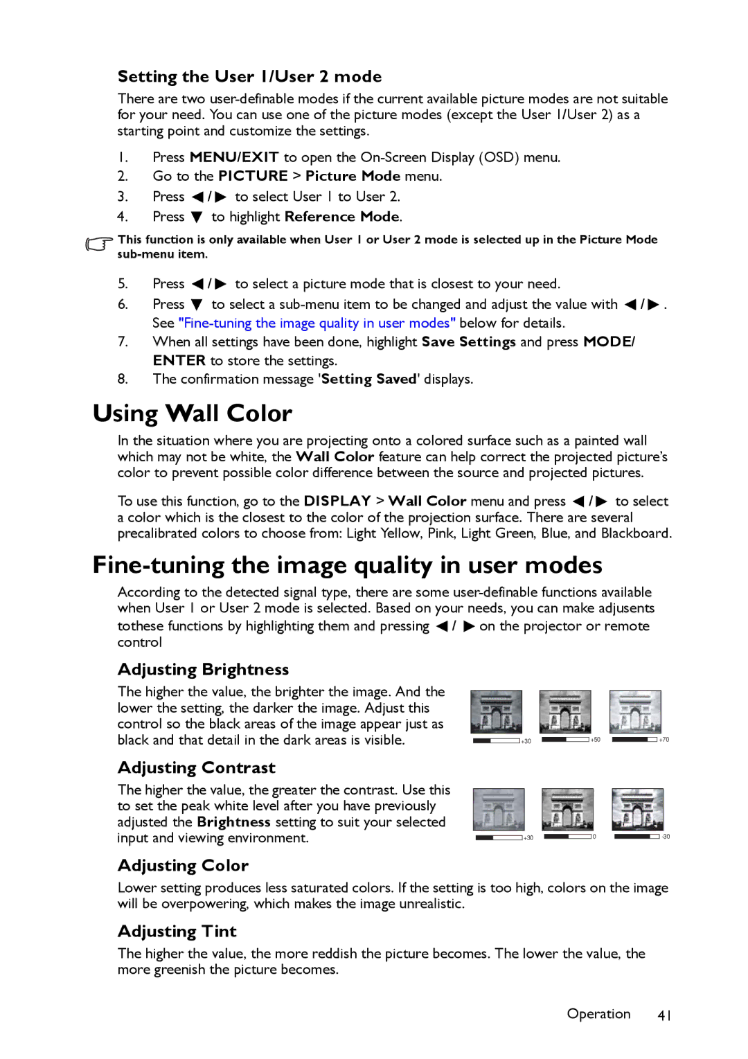 BenQ MW860USTi, MP780 ST+ user manual Using Wall Color, Fine-tuning the image quality in user modes 