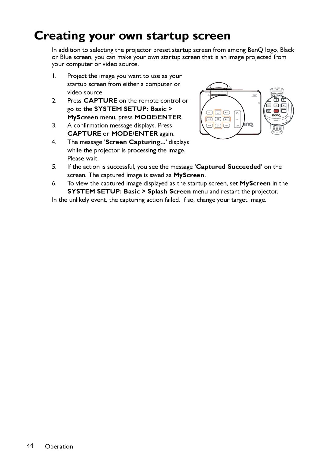 BenQ MP780 ST+, MW860USTi user manual Creating your own startup screen, Capture or MODE/ENTER again 